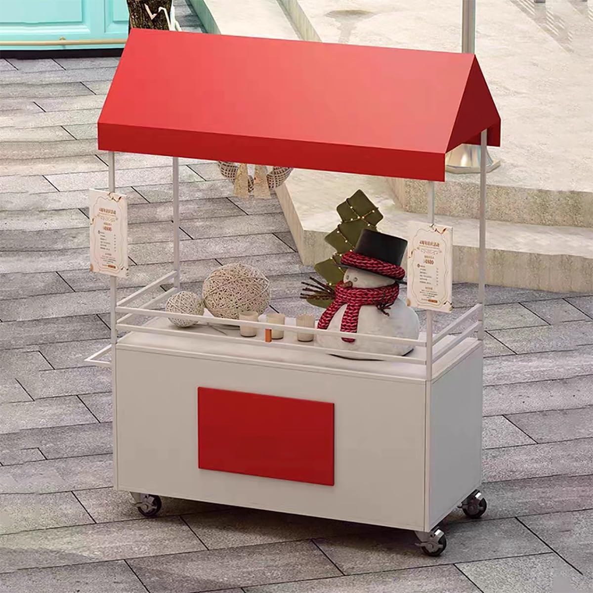 Carrito de Venta Ambulante con Ruedas 360°, Puesto Portátil de Hierro | Carro de Venta Puesto de Mercado con Toldo, Gran Capacidad de Carga y Asa para Mercados, Festivales(White,140cm)