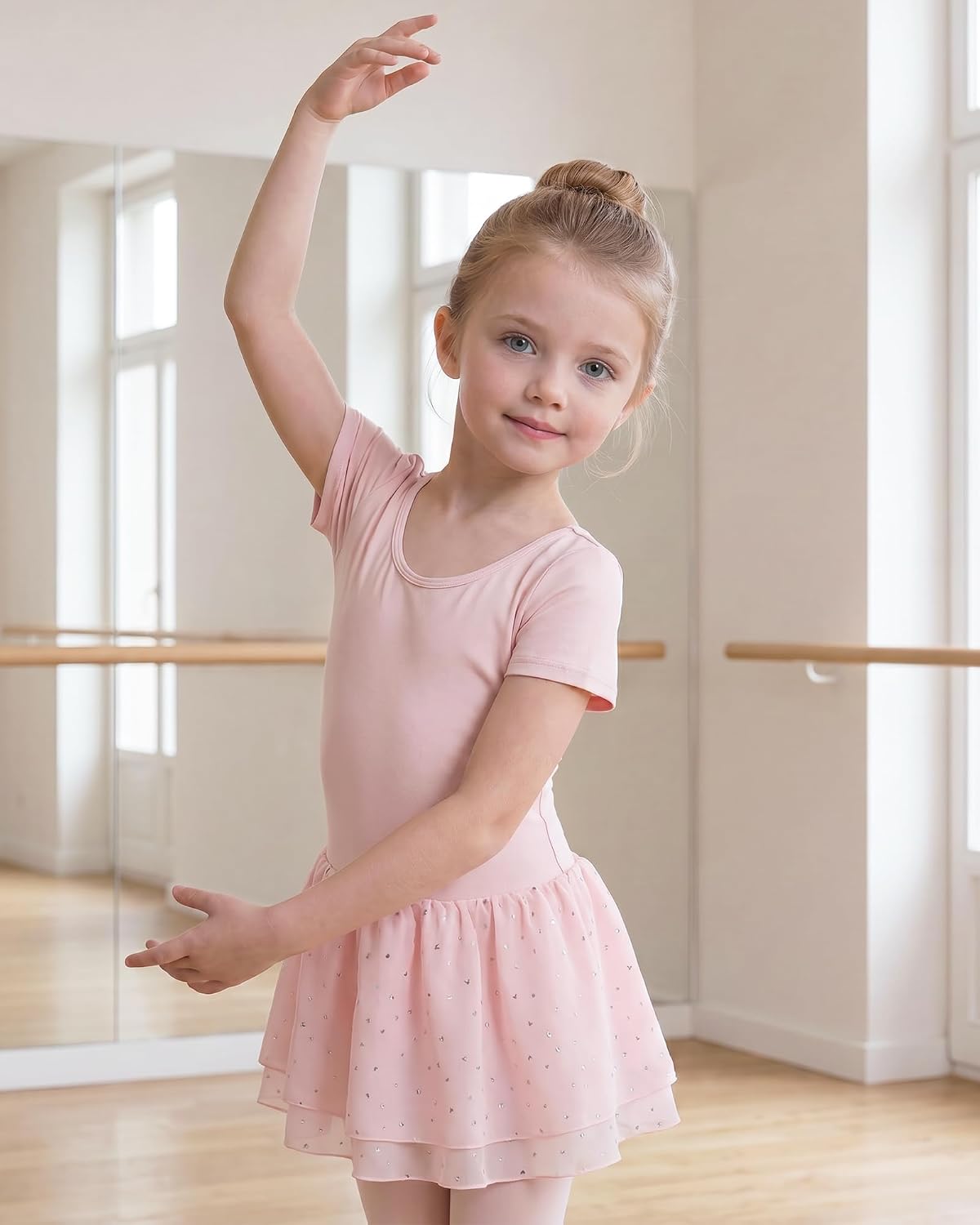 Stelle Ballet Leotards for Girls Short Sleeve Dance Leotards with Double-Layer Sequin Skirt Ballerina Costumes Dress