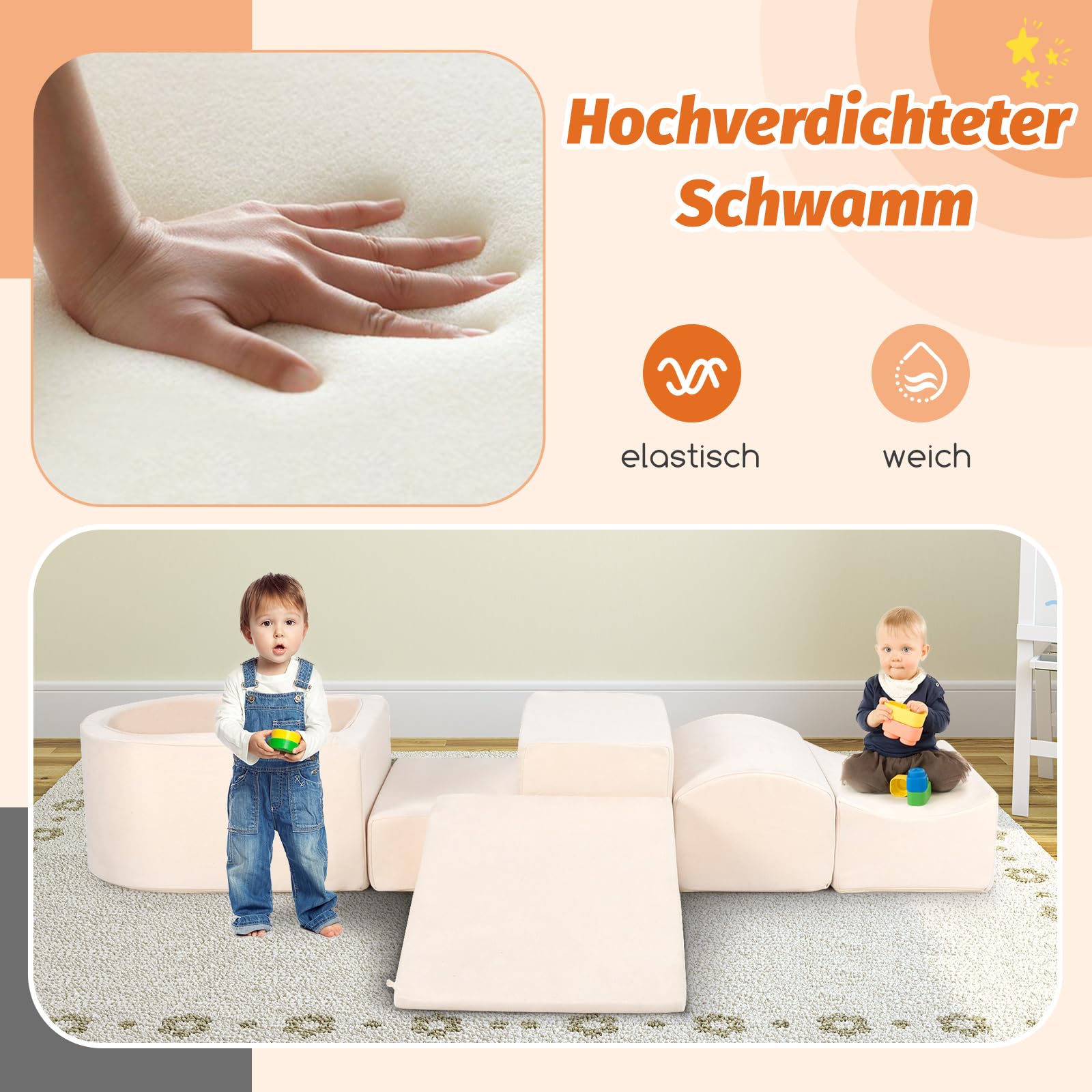 COSTWAY 5 TLG. Schaumstoffbausteine, Riesenbausteine mit Bällebad, Großbausteine zum Toben und Klettern, Kletterblöcke Softbausteine Kinder für Spielzimmer, Kinderzimmer, Keine Bälle (Beige)