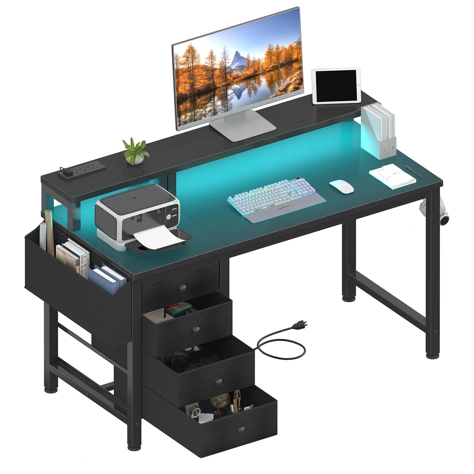 Lufeiya Gaming Desk with LED Lights and Power Outlets, 47 inch Computer Desk with Fabric Drawers, Reversible Home Office Desk with Monitor Stand,