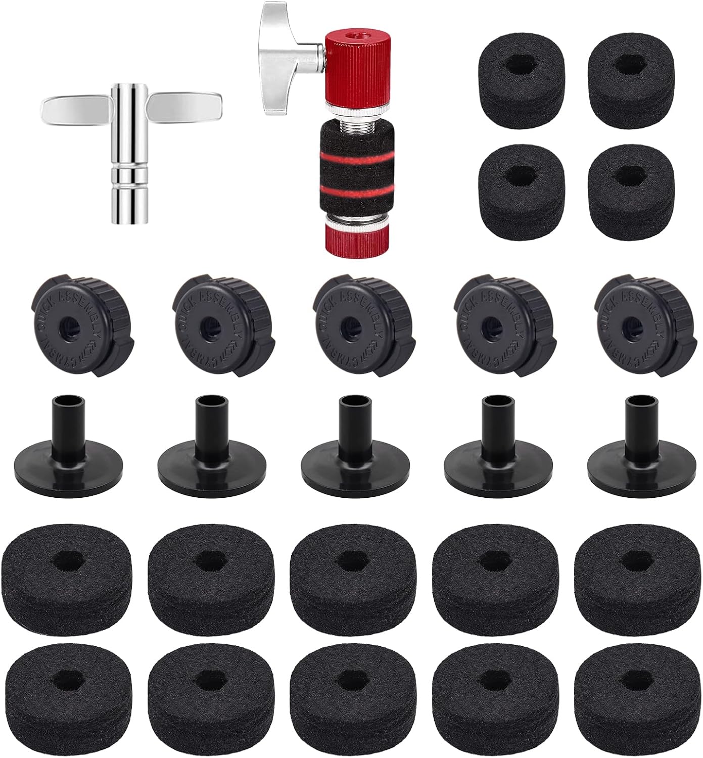 26PCS Cymbal Replacement Accessories, Standard Hi-Hat Clutch & Cymbal Stand Felts & Plastic Cymbals Nuts & Cymbals Sleeves & Clutch Felts and Drum Key T-Shape, Replacement for Drum Set