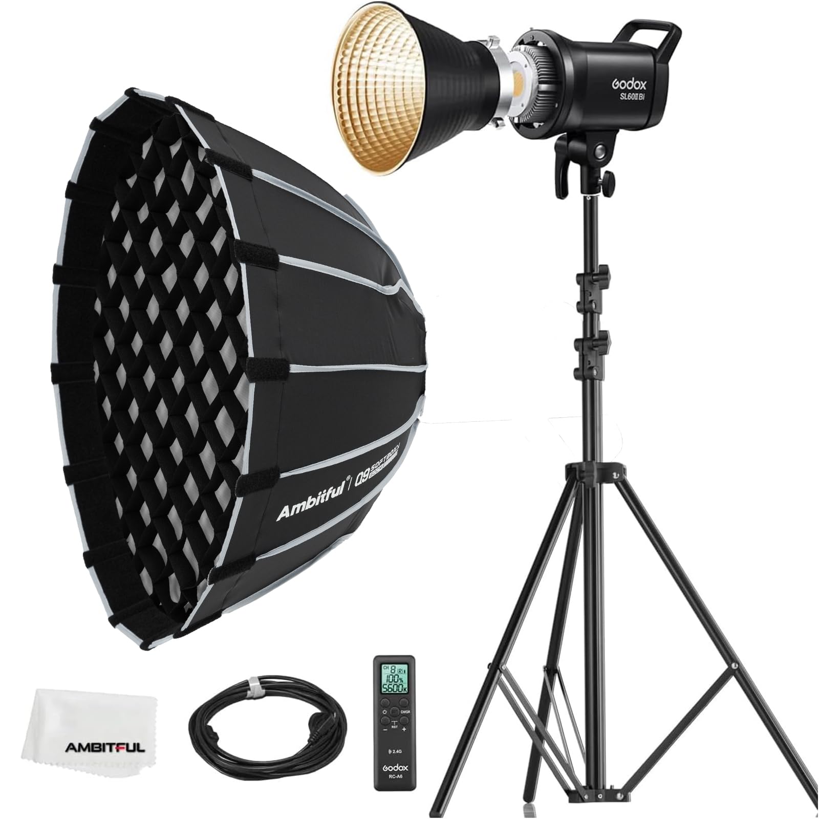 Godox SL60II-Bi LED Video Light 2800K-6500K Bi-Color Continuous Light with App&Remote Control + PS60 Round softbox with Honeycomb Grid, Light Stand