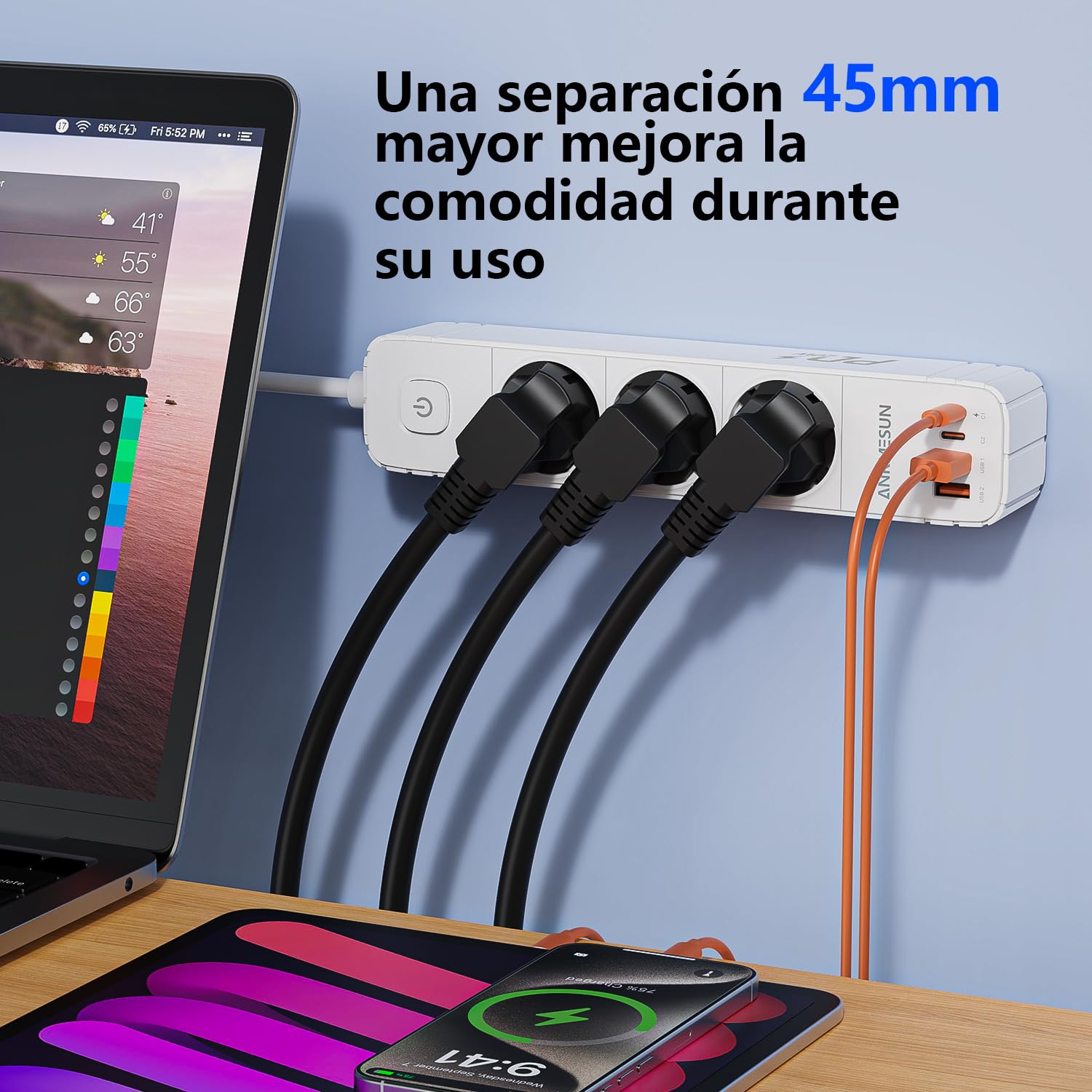 Regletas Enchufes con 3 Tomas y Interruptor, Enchufe Múltiple de Carga 2 USB A y 2 USB C (PD 20W), Protección Sobretensión, Cable 1.9m, Ideal para Viajes y Hogar — view 6