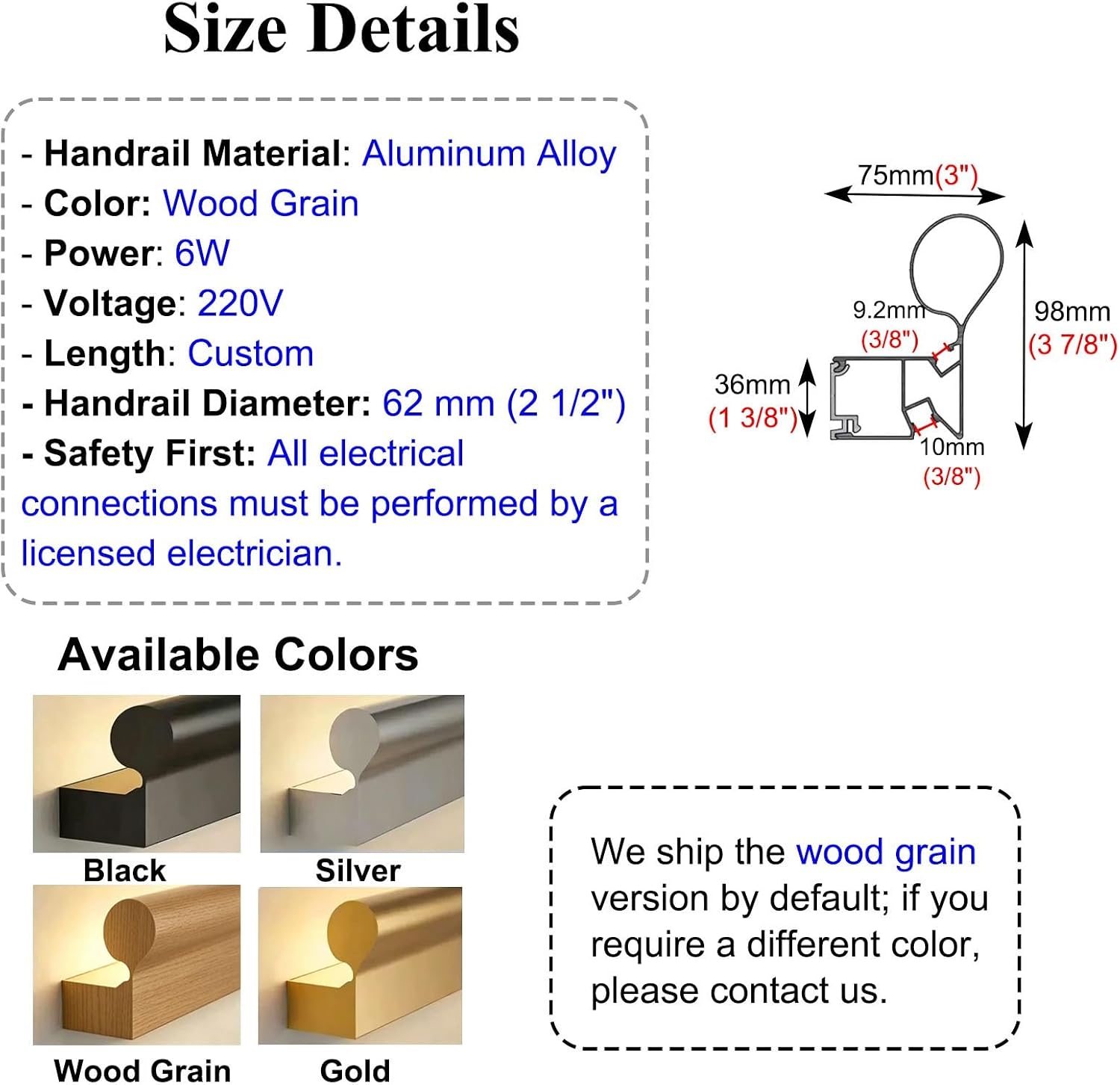 Modern LED Wall Light with Wood Grain Finish, Sensor-Activated Aluminum Grab Bar, 3.2ft Corridor Lamp - Stylish Safety Lighting for Hallways, Bathrooms & Living Spaces
