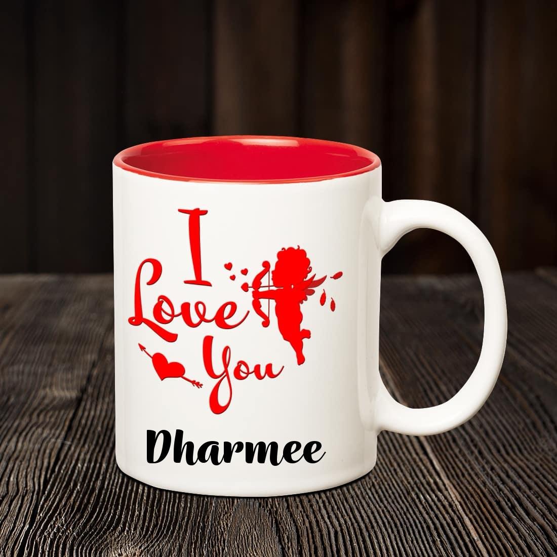 Chanakya Ceramic I Love You Dharmee Romantic Inner Red Coffee Name Mug, Multicolor, 350 Ml