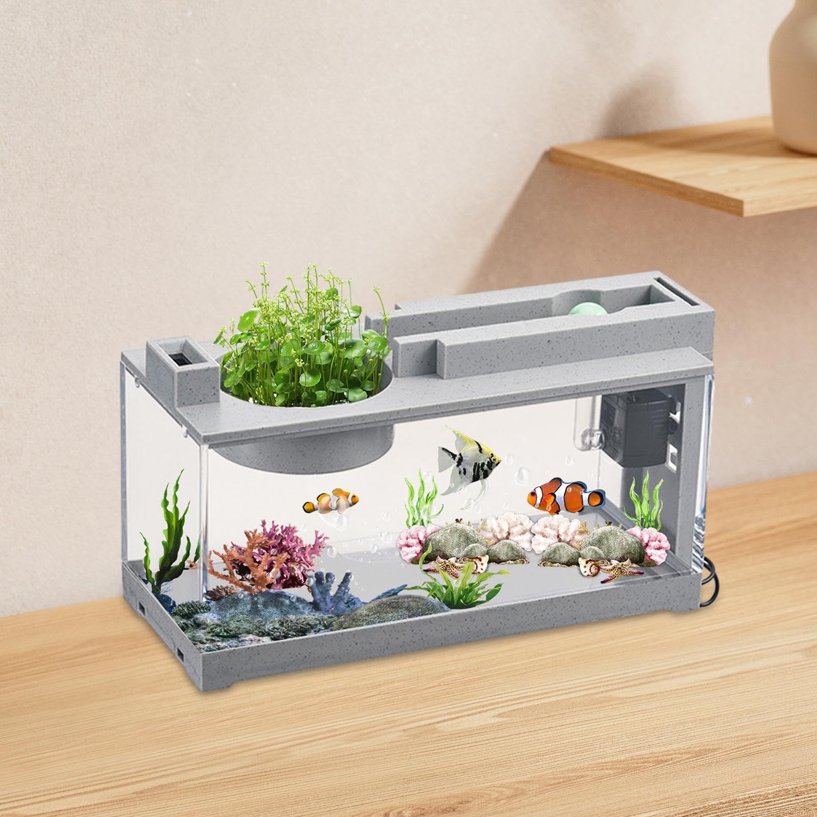 Aquarium Kit De Démarrage avec Pompe À Air, Petit Modèle De Bureau Décoratif Rétro Silencieux pour Poissons Betta, Crevettes et Poissons Rouges