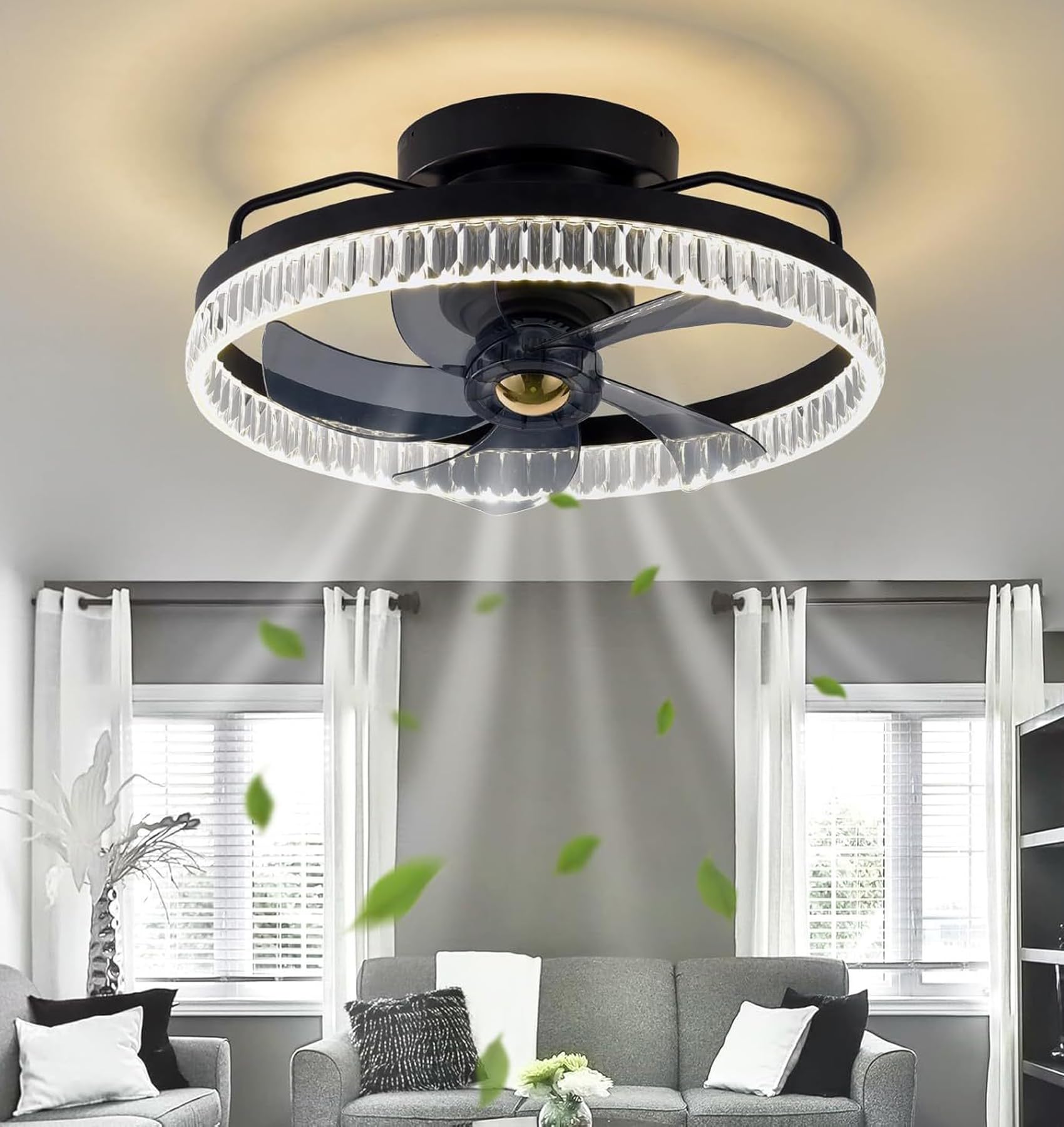 SXDMOUBK Black Smart Ceiling Fan with Dimmable LED Light Remote & App Control 50CM Modern Ceiling Fixture for Living Room Dining Room Bedroom Office Quiet Operation