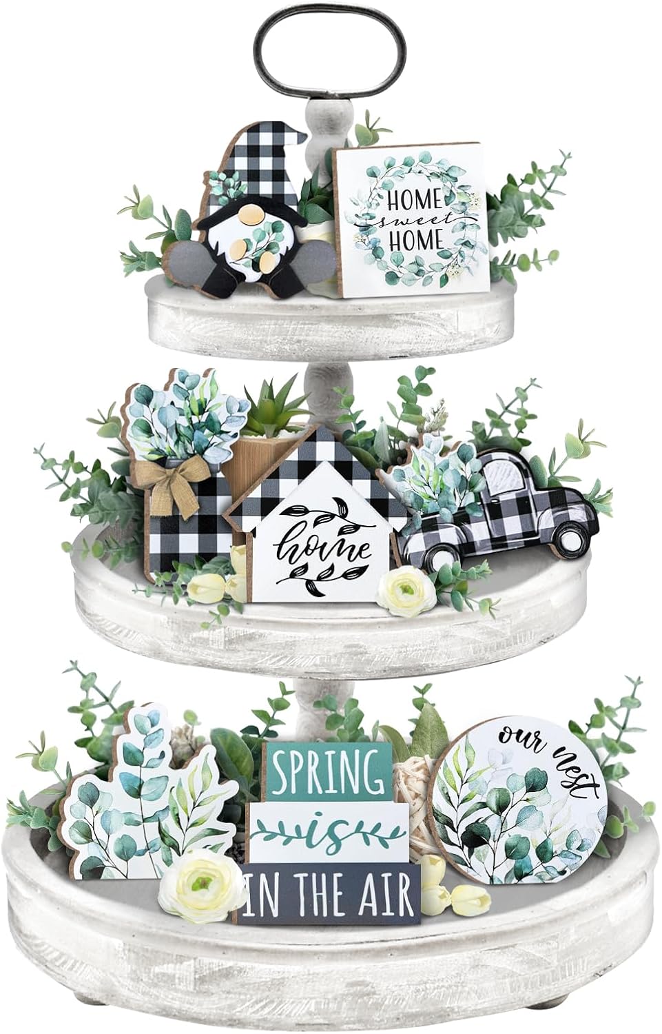 Spring Tiered Tray Decor, Farmhouse Eucalyptus Leaves Tray Decorations, Spring Gnome Wreath Buffalo Plaid Mason Jar Truck Wooden Signs, Rustic for Home Table Shelf Mantel Party
