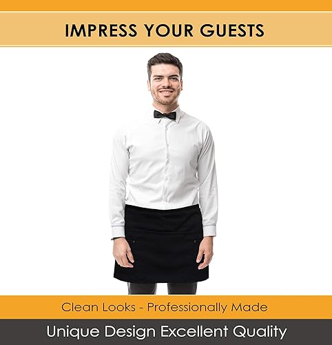 Miniatura 3 de Brtex Delantales de servidor con 5 bolsillos (paquete de 2) – Delantales de cintura negra de grado comercial para mujeres y hombres – Restaurantes,