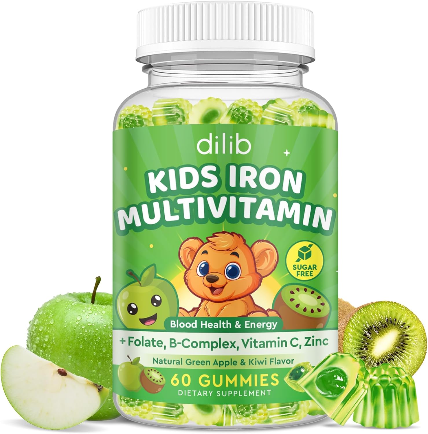 Iron Supplement Gummies for Kids, Kids Multivitamin with Iron Gummies – Zinc, Vitamin B Complex, A, C, D3, B12, Folate for Blood Builder & Energy Support, Vegan Sugar Free Green Apple & Kiwi 60ct