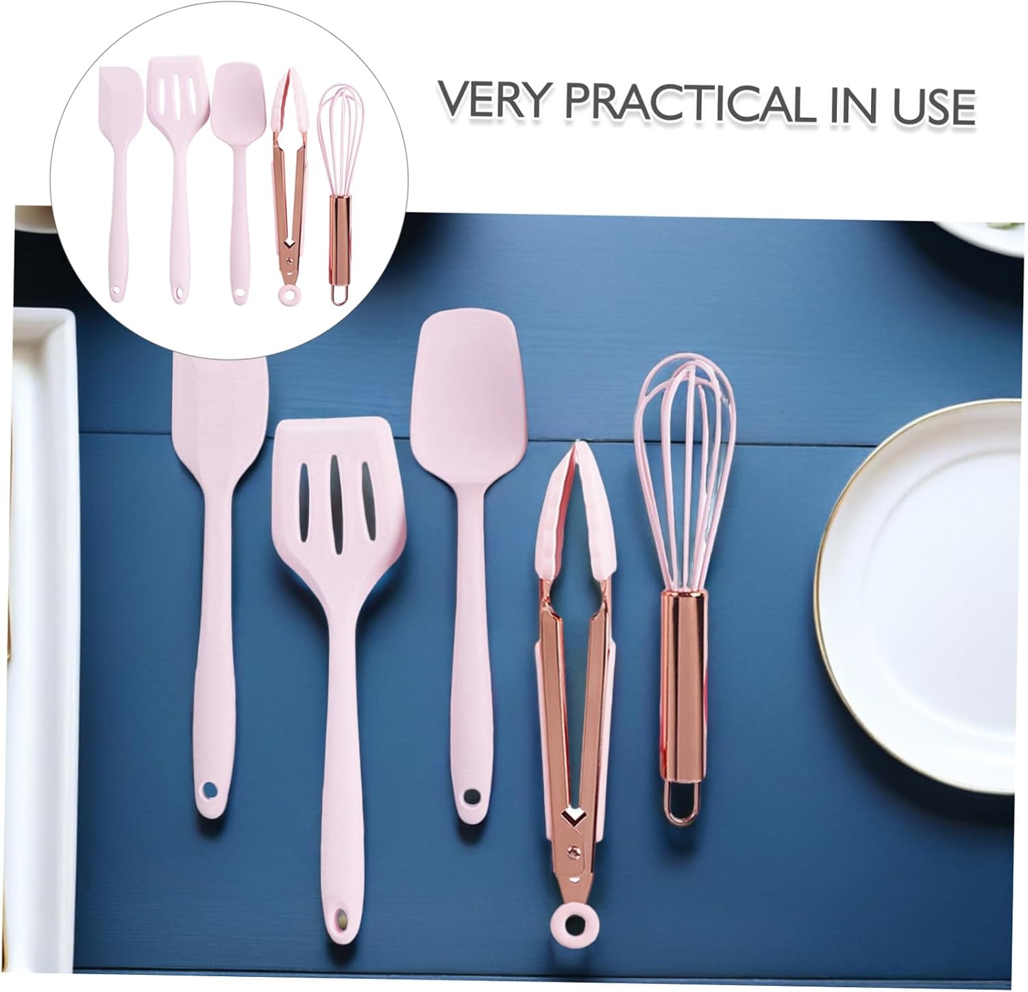 Kids Baking Kit 5Pcs Set Silicone and Stainless Steel Tools Pink