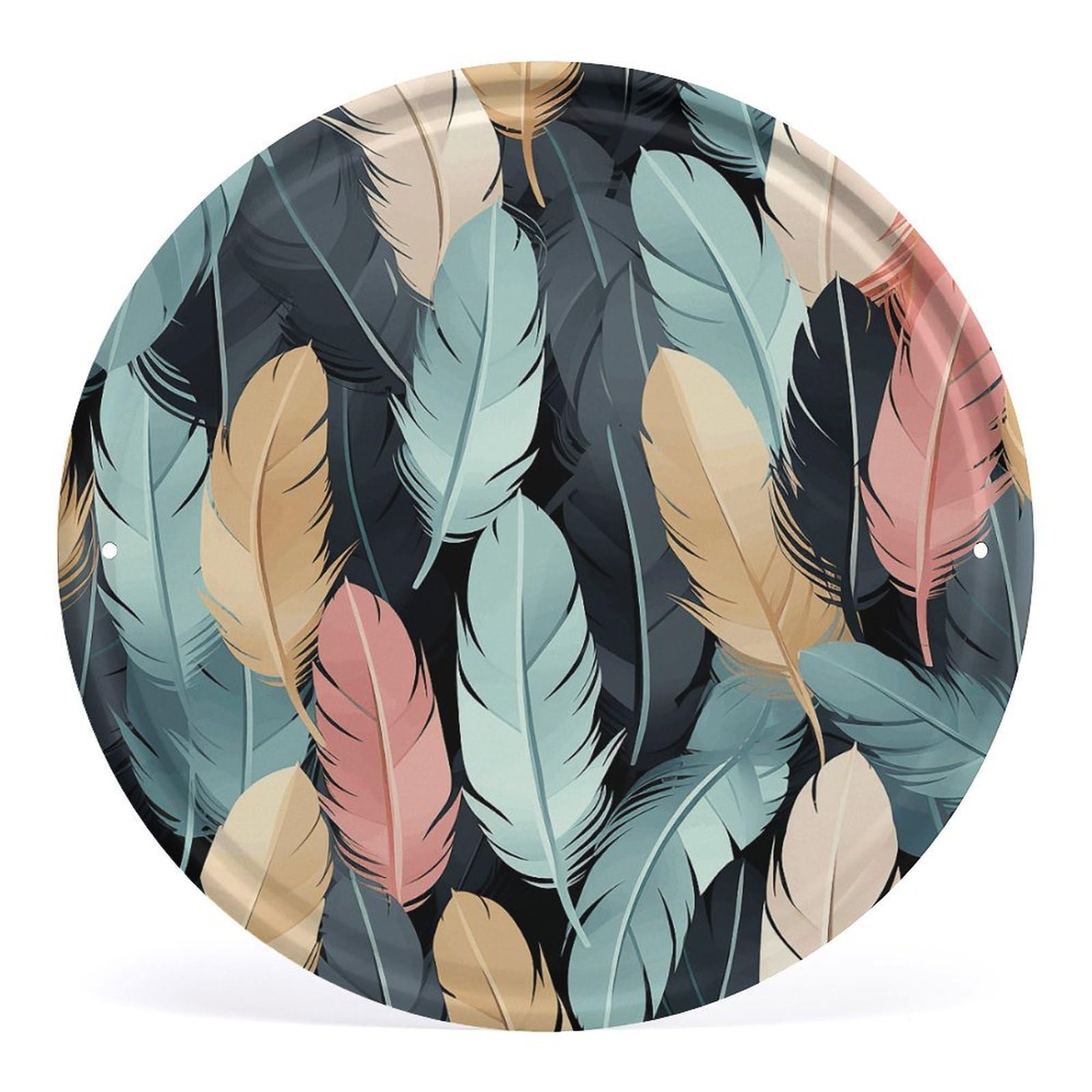 Fodpand Style Feather Round Wall Art Hanging Decorations, Wall Decor Modern Minimalist Artwork, Tin Sign Hanging Picture For Living Room, Bedroom, Office, Hallway, 11.8X11.8 Inch