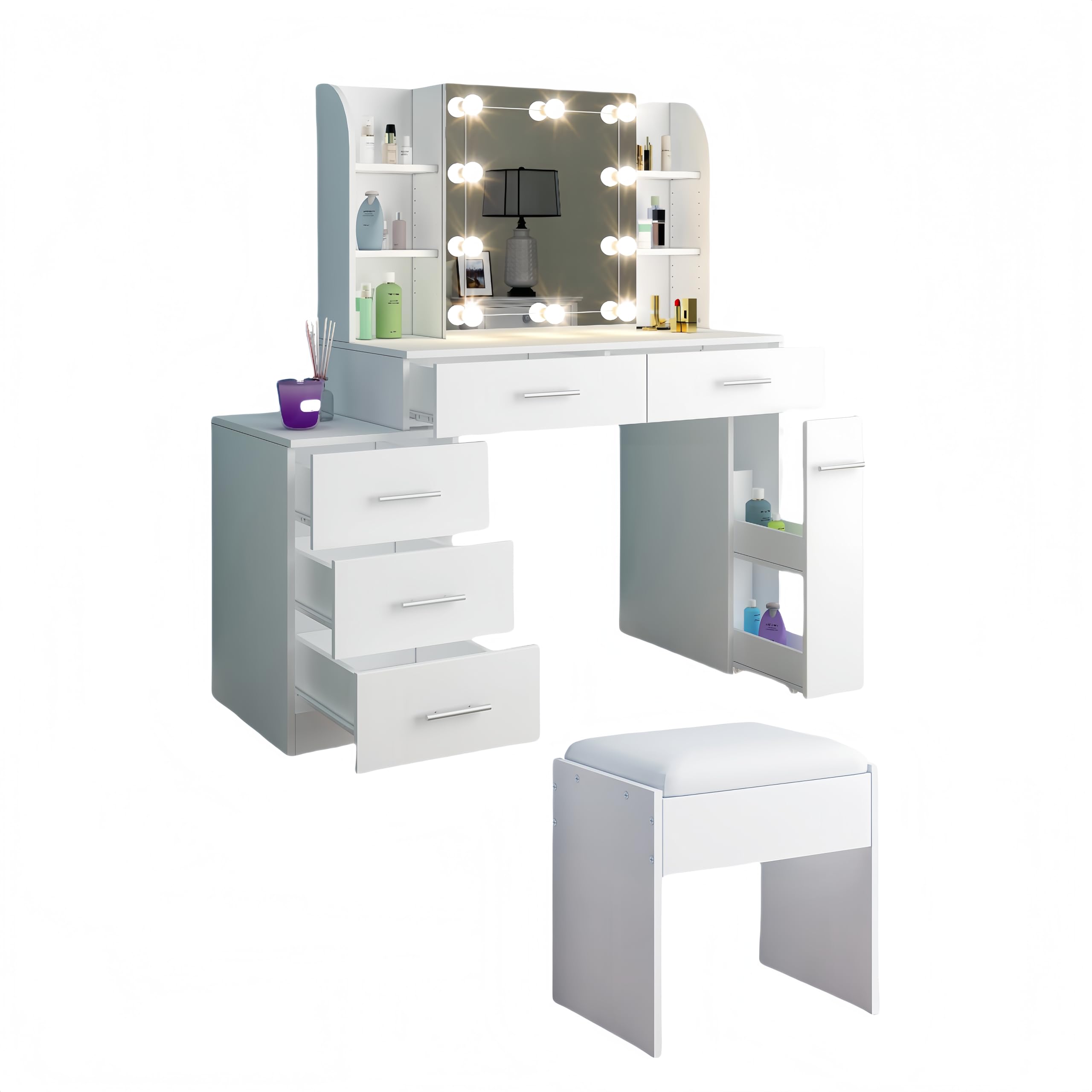 MYDD8 Schminktisch Mit LED Beleuchtung & 6 Schubladen - Weißer Frisiertisch Mit Hocker