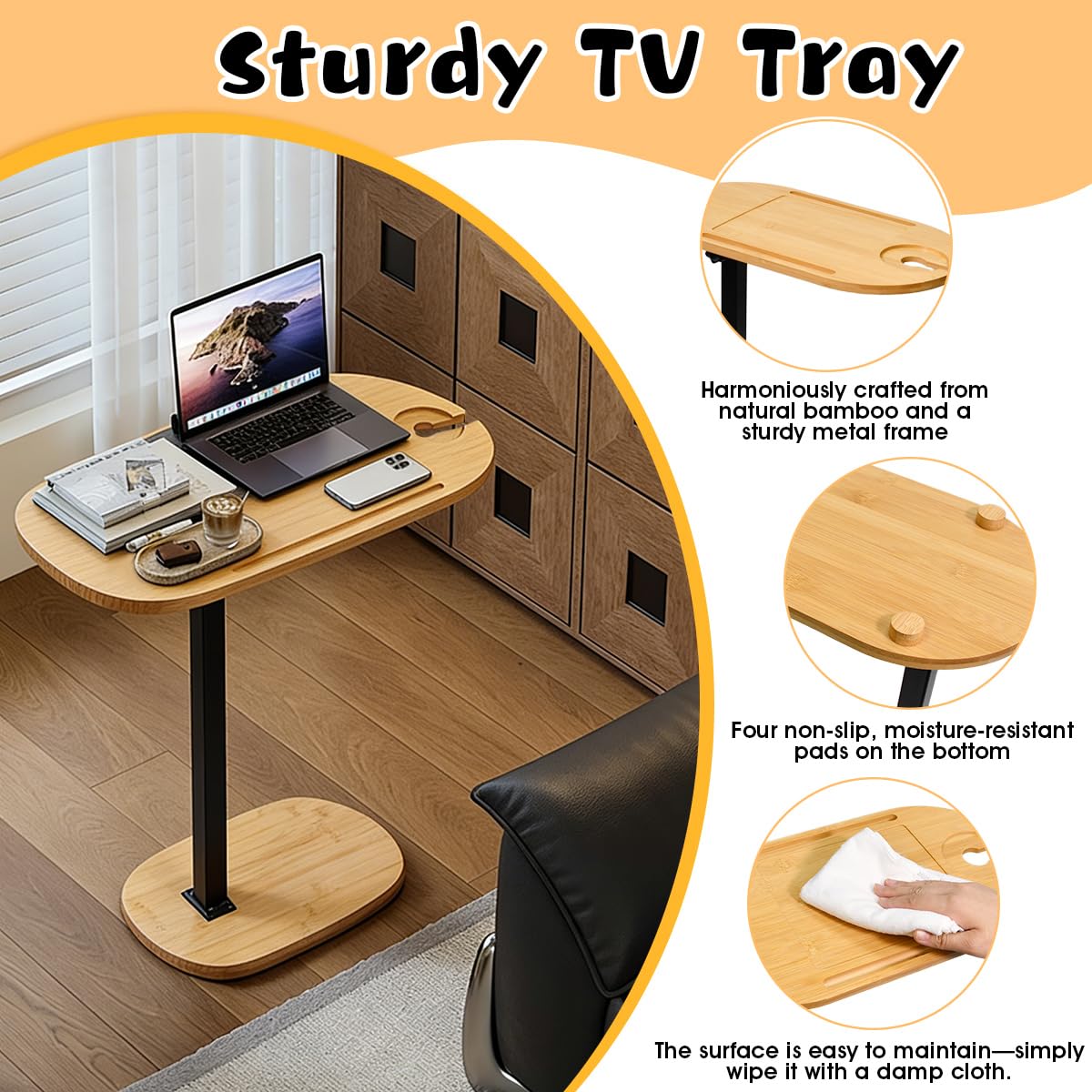 Tavolino Laterale a Forma di C Regolabile in Altezza 40-80cm,Tavolino Laterale da Divano Girevole a 360° per Soggiorno, Bagno o Camera da Letto (40 cm x 22 cm)