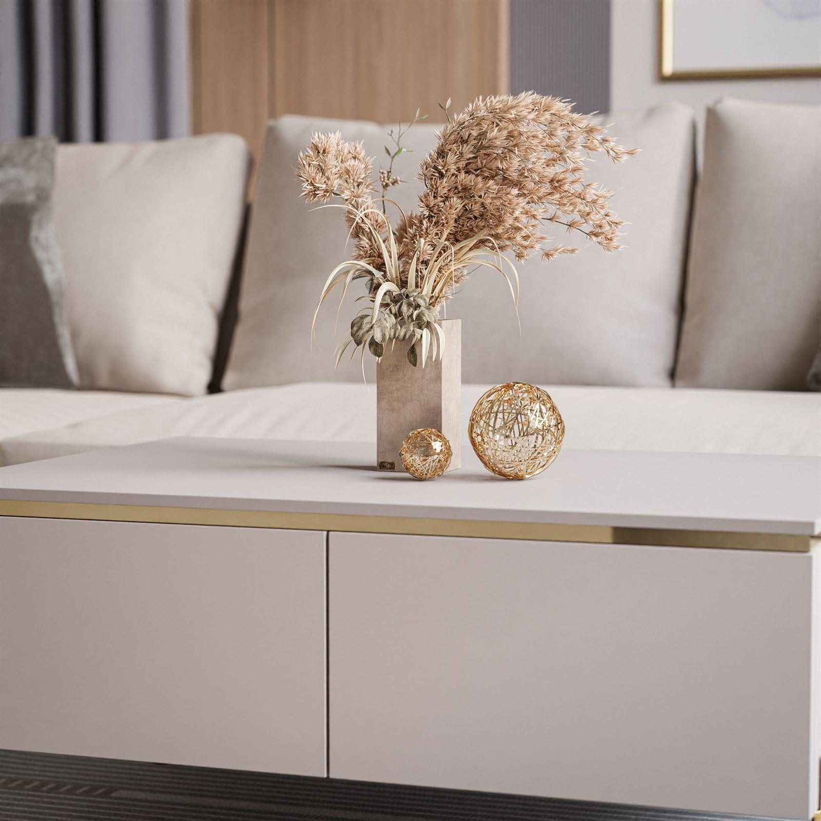 Lookway Couchtisch Aurora Kaschmir Matt mit Stauraum, auf goldenen Füßen und Goldener Dekorleiste – Modernes Wohnzimmermöbel (gerade Gold Chrom)