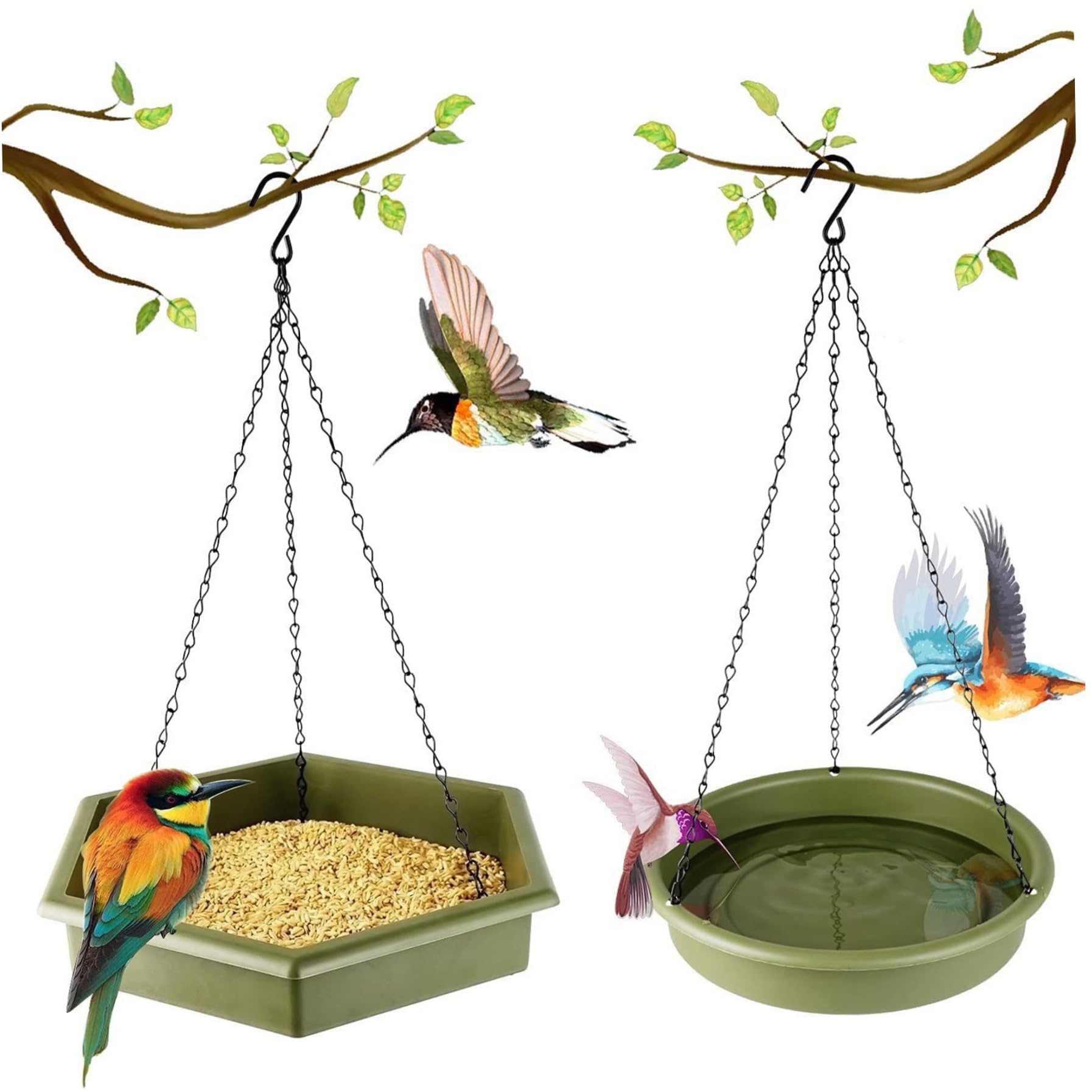 Bain d'oiseaux suspendu vert de 1600ml avec grand bol d'eau pour jardin