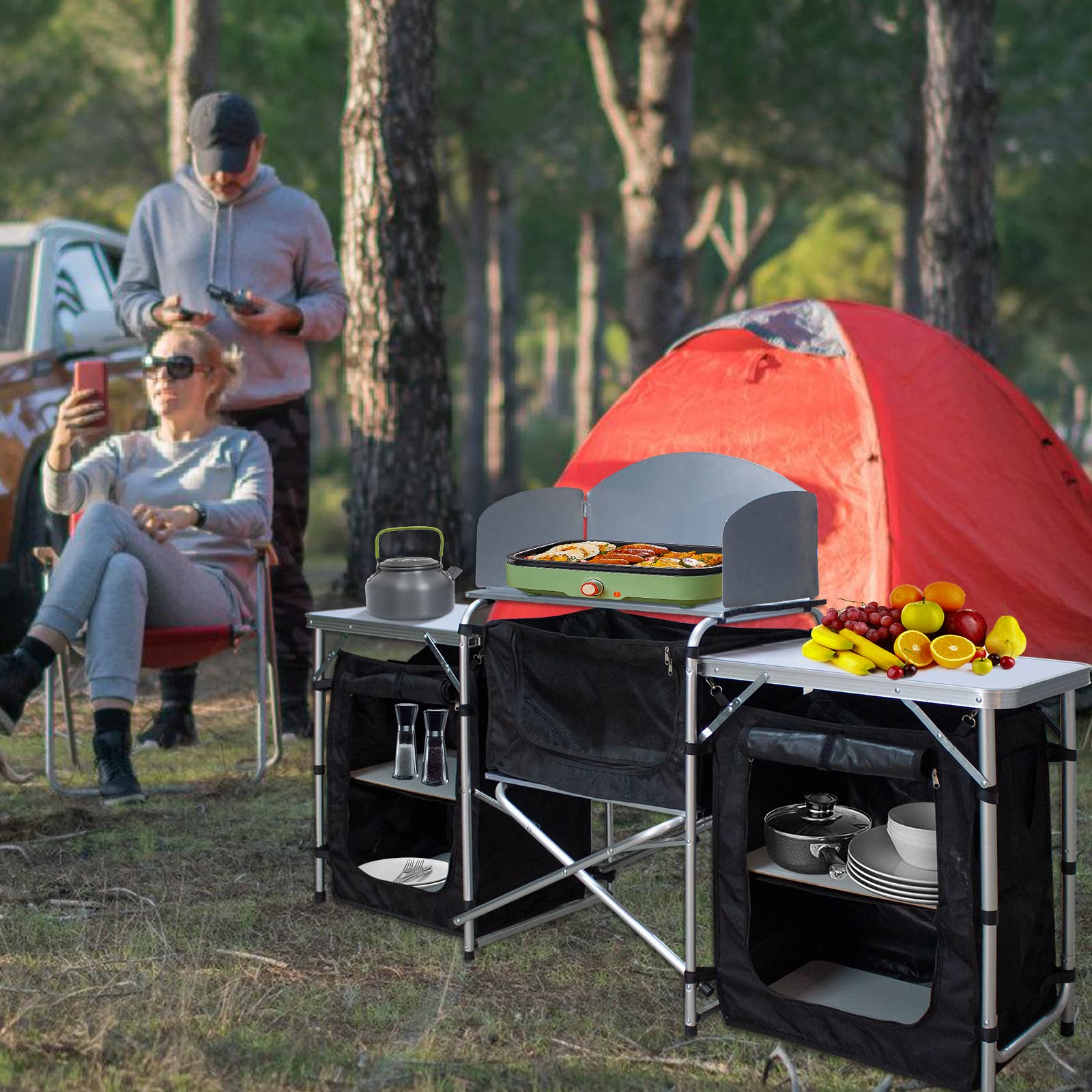 Cuisine de camping pliable, armoire de camping avec sac de transport, cuisine en aluminium, armoire de tente, boîte de cuisine