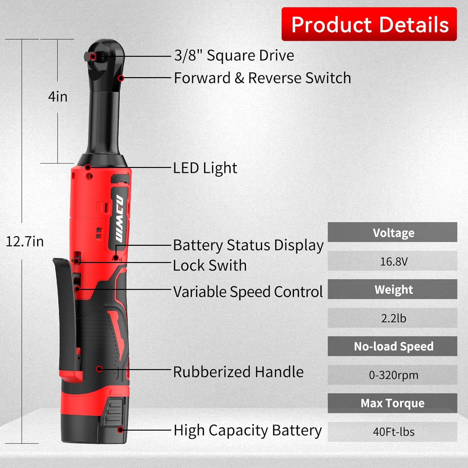 NAWIN 16.8V Electric Ratchet Wrench, 3/8" cordless ratchet with 2 Batteries, 40 Ft-lbs, Ultimate Mechanic Tool Set, Ratchet Wrench 3/8", Power Ratchet Tool Kit (Extended Cordless Ratchet)