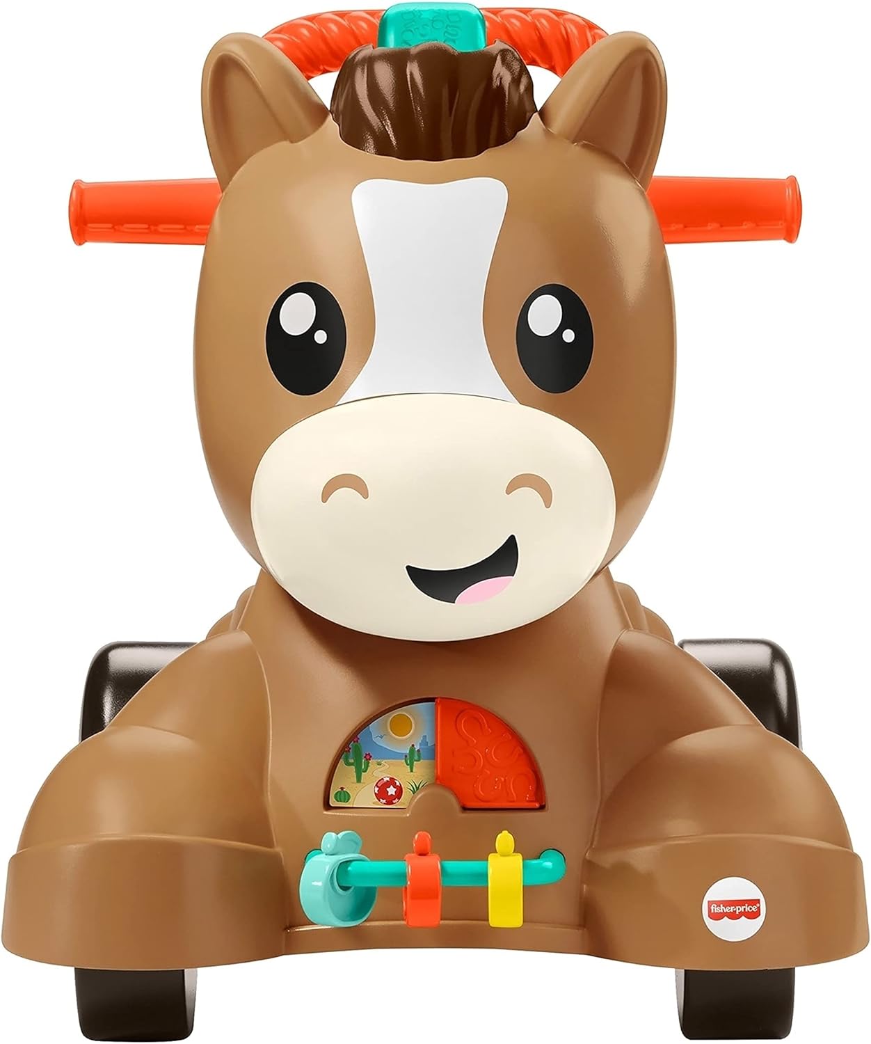 Fronte view of Fisher-Price Walk-Along Pony showing activity panel