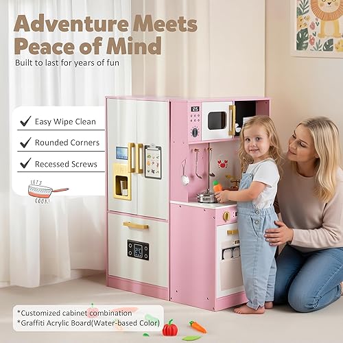 Miniatura 4 de Juegos de cocina para niños, juego de cocina de madera para niños, cocina de juguete interactiva con congelador, lavadora, máquina de hielo y gran