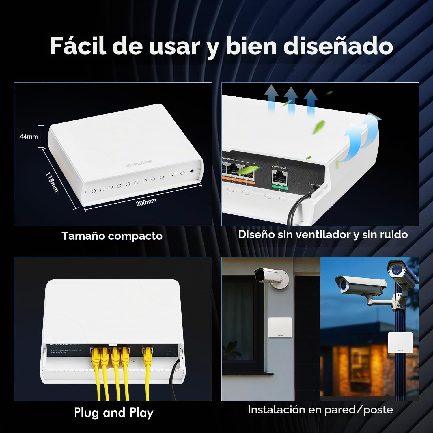 MokerLink Conmutador Gigabit PoE de 5 Puertos para Exteriores, con 4 Puertos PoE+ 1000Mbps, 78W IEEE802.3af/at, Resistente a la Intemperie, Plug and Play sin Ventilador y no gestionado