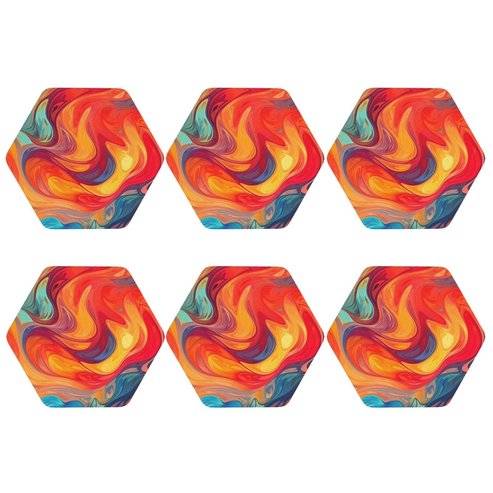 6Pcs PU Leather Coaster for Drinks, Artistic Effect Colorful Cup Coastersr 4" Cup Mat Pad, Aesthetic Drink Coasters for Coffee Table, Hexagon Coaster for Tabletop Protection