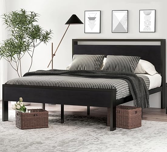 SHA CERLIN 14 Inch Full Size Metal Platform Bed Frame with Wooden Headboard and Footboard, Mattress Foundation, No Box Spring Needed, Large Under Bed Storage, Non-Slip Without Noise, Black Oak - Black Oak - Full