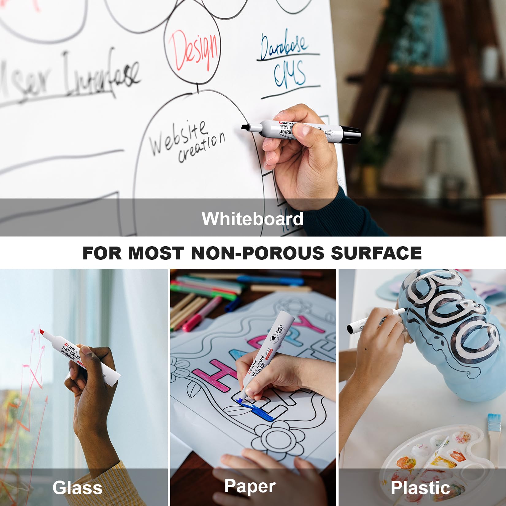 Comix Whiteboard Marker, 144 Whiteboard Stifte abwischbar,Set mit 4 Farben Rundspitze Stifte Marker, ideal für Klassenzimmer, Büro und Kinder | Keilspitze, Vorteilspack, geruchsarm, ungiftig, leicht zu löschen, geeignet für Klassenzimmer, Lehrer, Büro, Sc