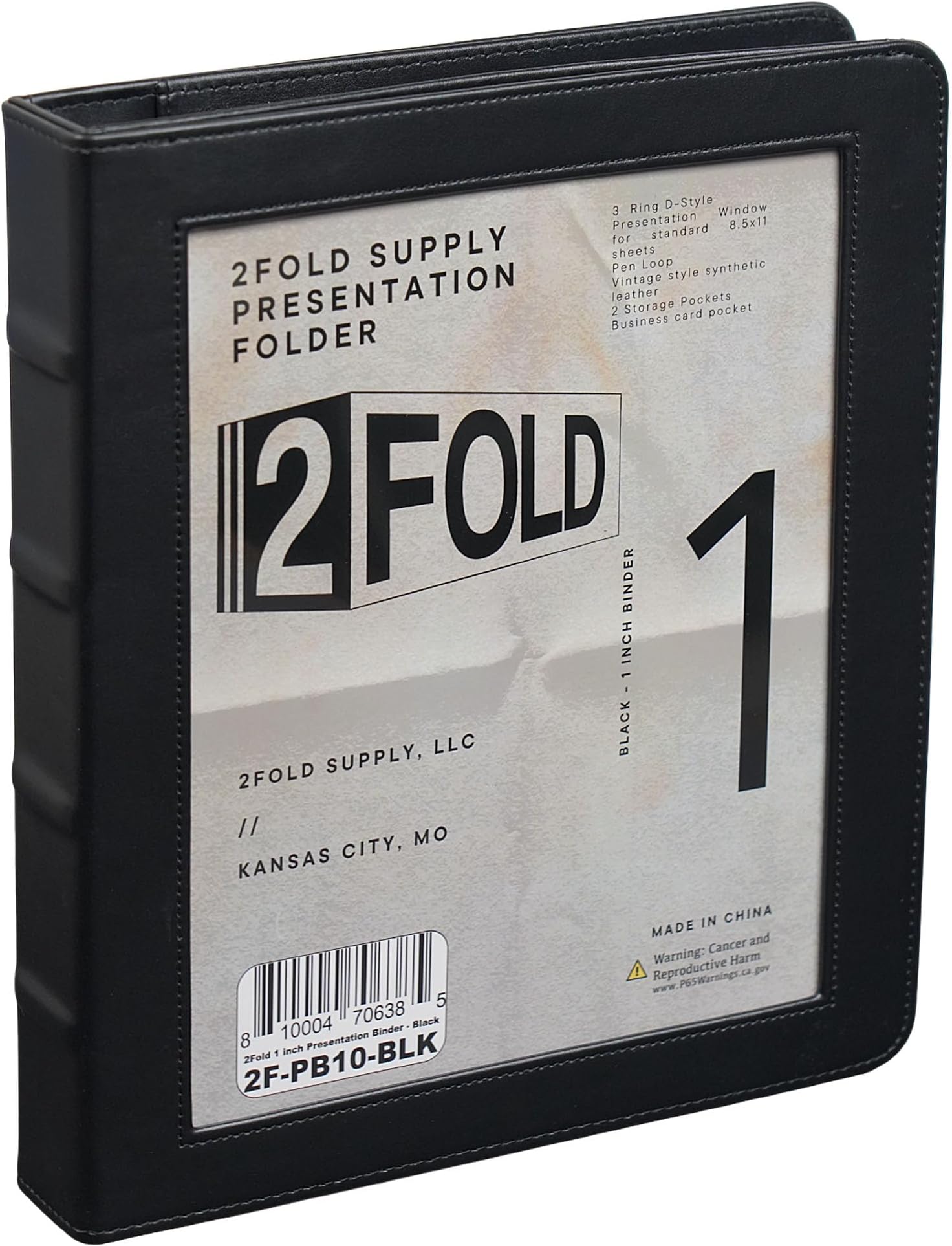 2Fold 3 Ring Binder 1 Inch with Clear Front Pocket - Premium PU Leather Presentation Binder - Extra Storage Pockets for Office Supplies, Business Card Holder, and Built-in Pen/Pencil Holder (Black)