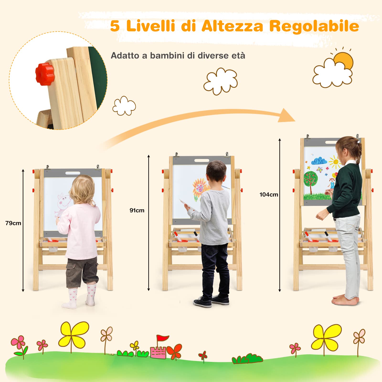 RELAX4LIFE Lavagna Bifacciale con Cavalletto per Bambini, Cavalletto Pieghevole in Legno di Pino con Altezza Regolabile, Lavagna Nera e Bianca Magnetica con Ripiano e Accessori, Cavalletto Portatile