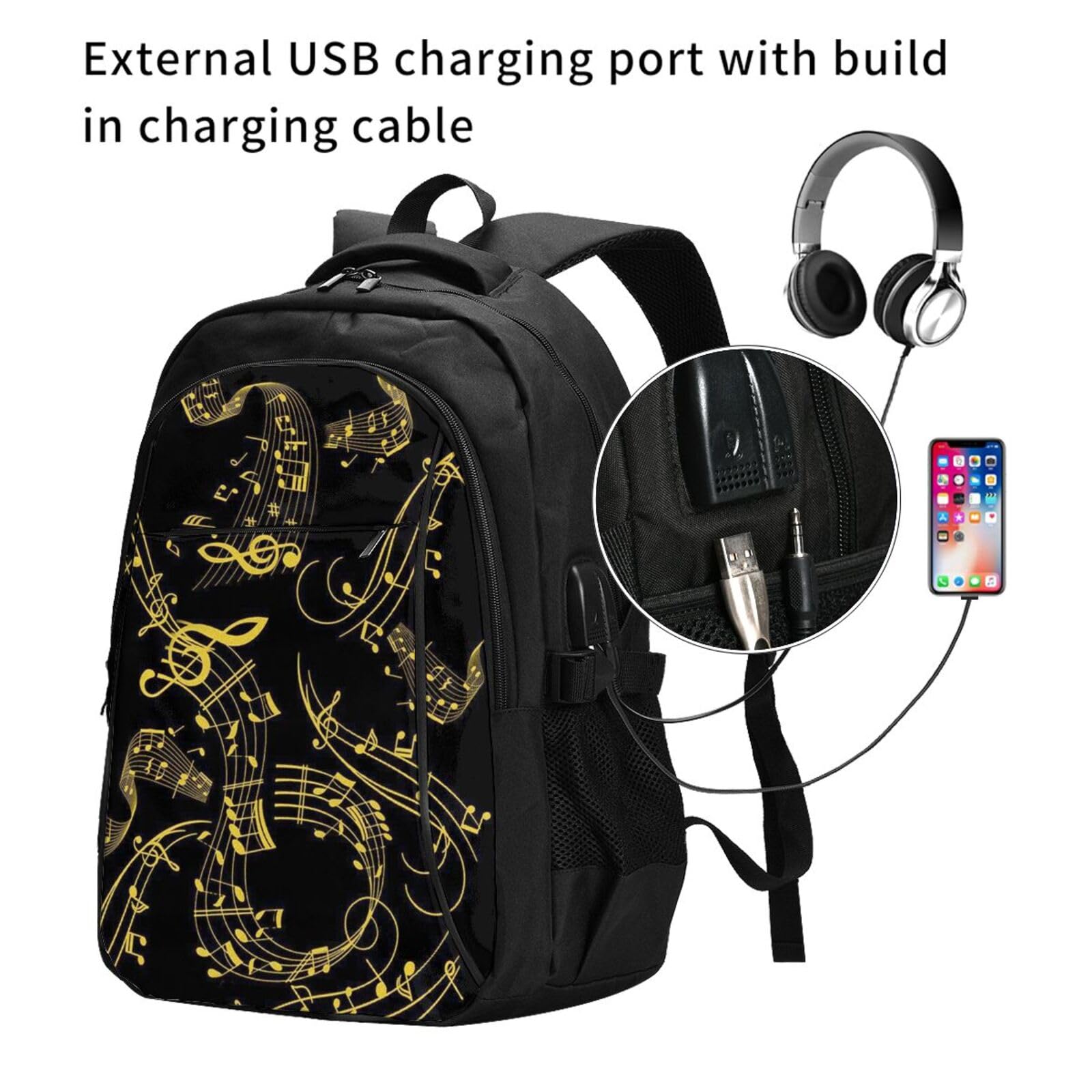 InOmak Schwarze Musiknoten, Reiserucksack, Freizeitrucksack, Schulrucksack, Laptop-Rucksack für Damen und Herren