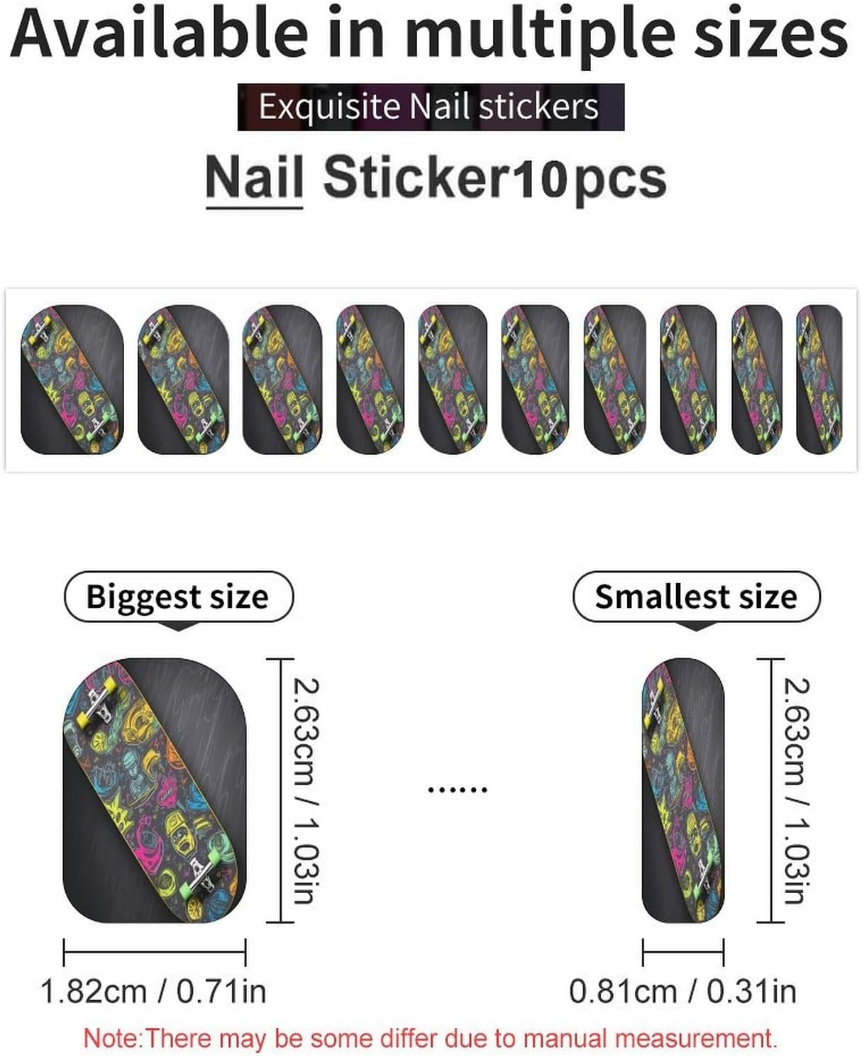 Graffiti SkateboardSummer Nail Stickers Nail Strips | Nail Art Stickers of 10 sets with decorate fingernails,toenails,artificial nails Full Cover Easy On-Off Non-Damaging