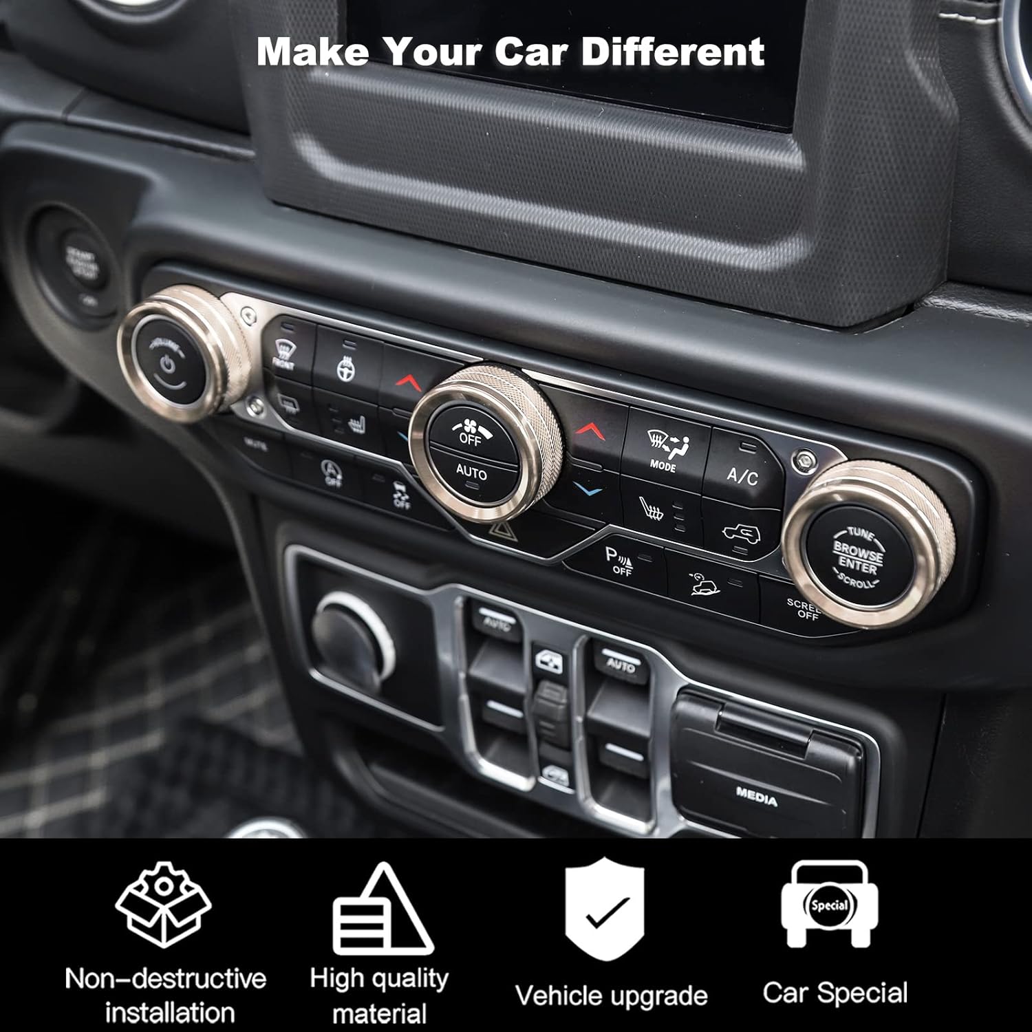 Center Console Air Conditioner Switch Knob Trim Cover Headlight Knob Trim Cover Aluminum Alloy Interior Accessories for Jeep Wrangler JL JLU & Gladiator JT 2018-2024,Gold