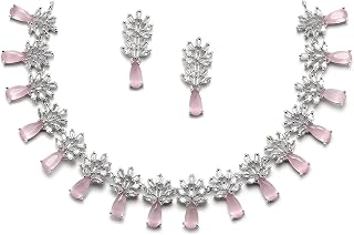 ZENEME Rhodium-Plated Silver Toned Teardrop Shaped American Diamond Studded Necklace Earrings Jewellery Set for Girls and ... Price In India
