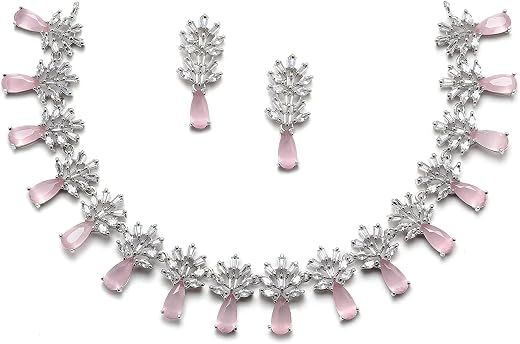 ZENEME Rhodium-Plated Silver Toned Teardrop Shaped American Diamond Studded Necklace Earrings Jewellery Set for Girls and ...