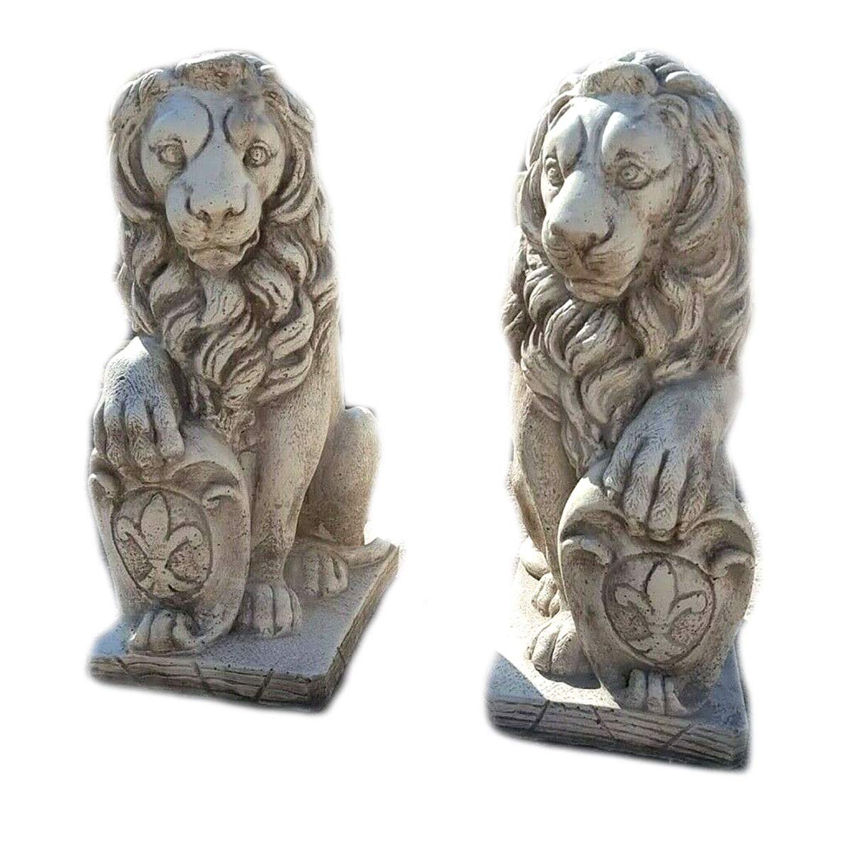 MONDO ARTISTICA Coppia di leoni statue con stemma araldico fregio scudo da giardino in cemento marmo pietra altezza 40 grigio