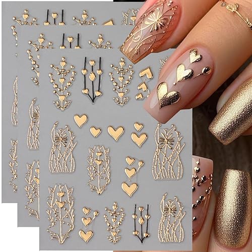 Golden Heart Nail Stickers for Nail Art 3D Bronzing Heart