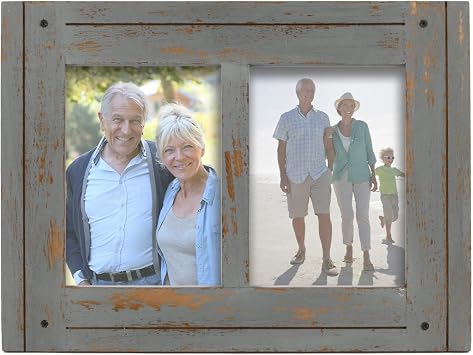 Prinz Homestead Double 5x7 Picture Frame in Gray - Distressed Rustic Decor Wood Photo Frame, Two-Way Easel, Wall or Tabletop Display