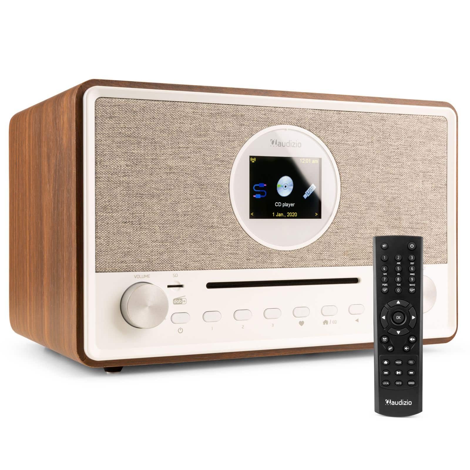Audizio Lucca Radio Dab+ Internet Wi-FI 60W - Bois, Écran LCD 2,8", Bluetooth 5.0, CD, Deux Haut-Parleurs, Sortie Casque, Télécommande Incluse, Idéale pour Écouter la Radio à la Maison