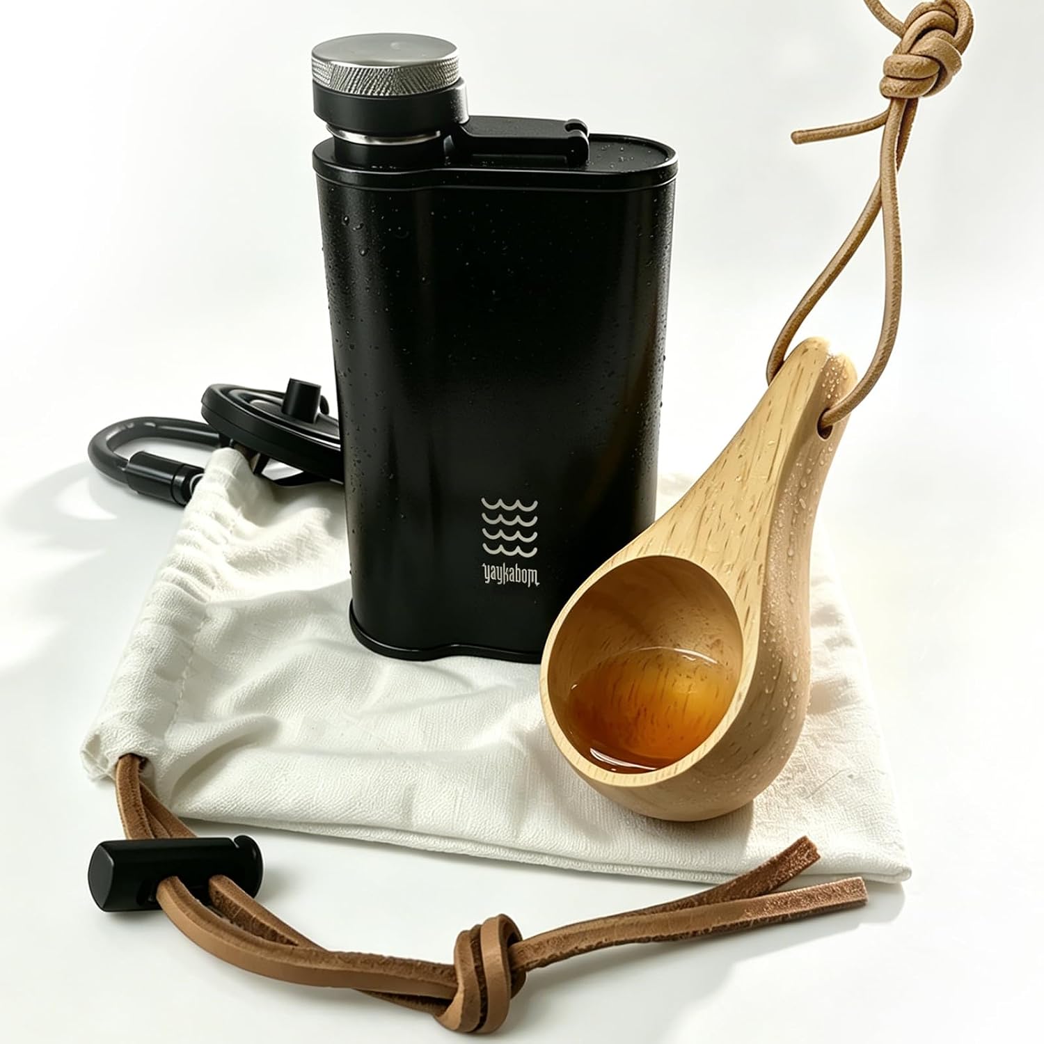 8oz stainless steel hip flask with mini wooden cup, folding funnel, cotton pouch & carabiner. Leak-proof for whiskey, outdoor, camping, hiking, tailgate. Great gift for men. (Black)