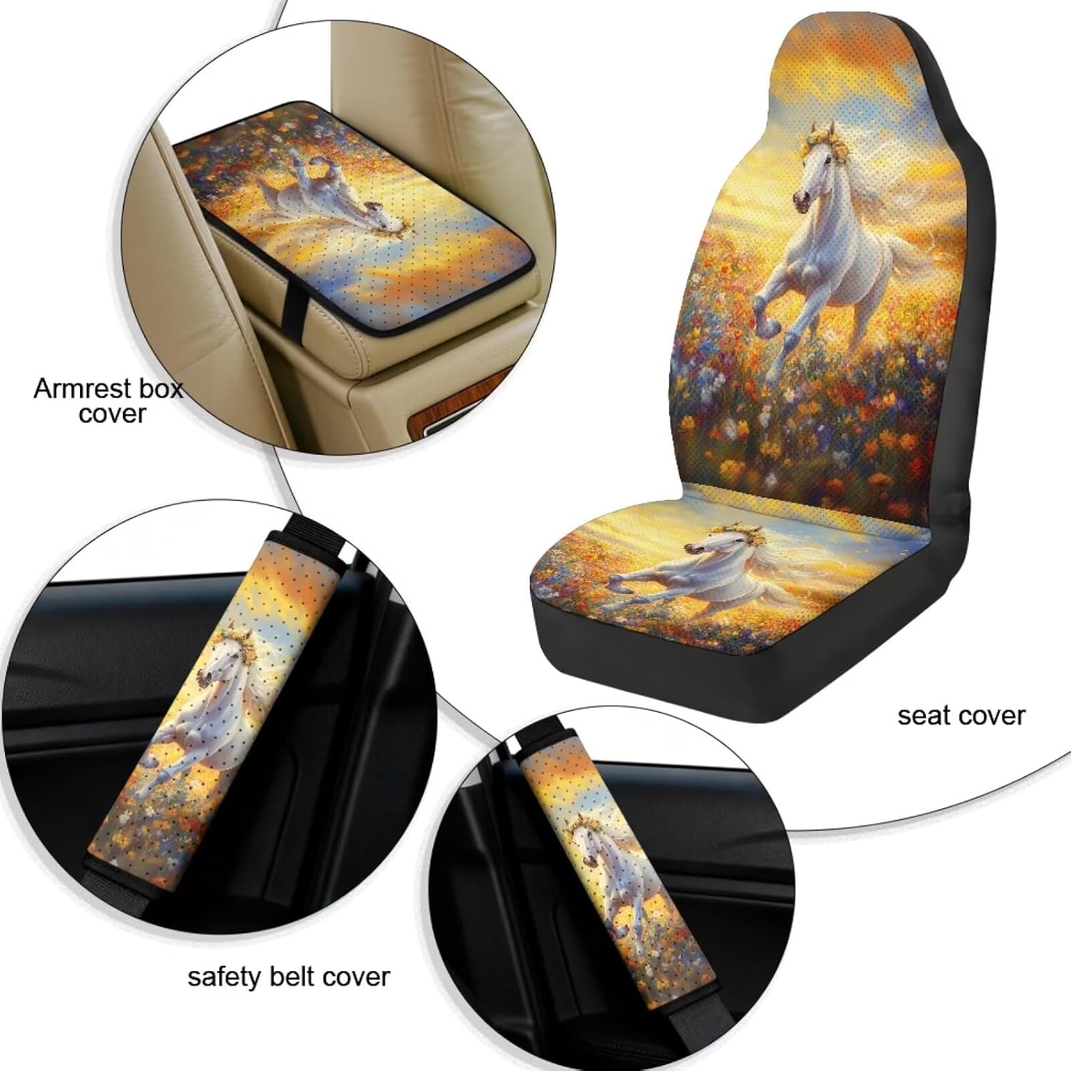 Leather Seat Cover Front Seats Only, Universal Fit Auto Front Seat Covers for Sedan Van SUV Truck 5 Pcs Set with Seatbelt Covers & Center Console Cover, White Horse Vibrant Flowers