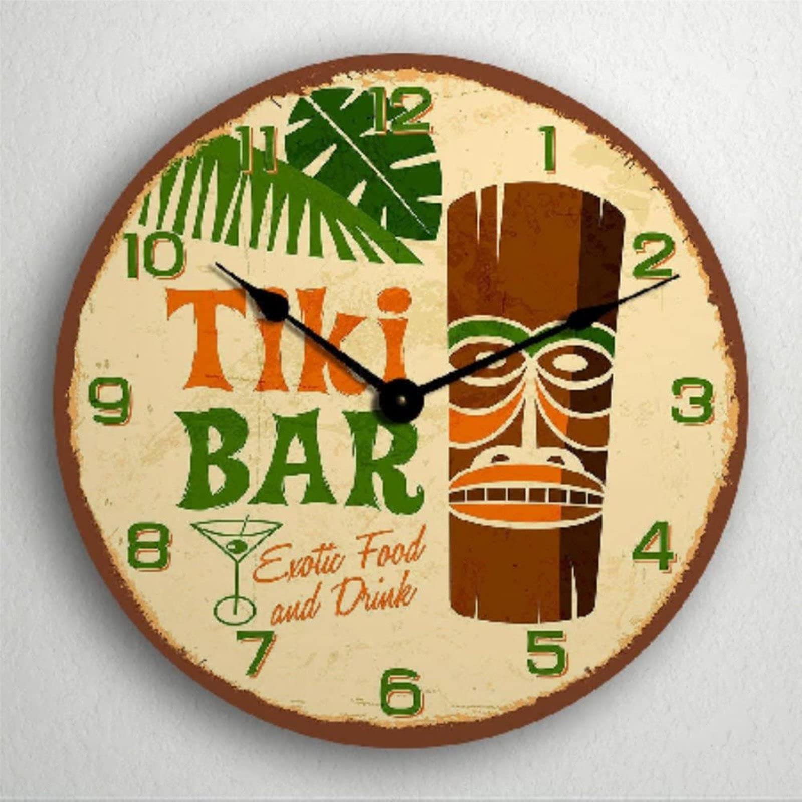 351 Round School Clock Tiki Bar - Retro Tropical Polynesian Themed Home Clock Silent Quartz Decorative Clock Non-Ticking Home Decorative For Dining Room Home Living Room