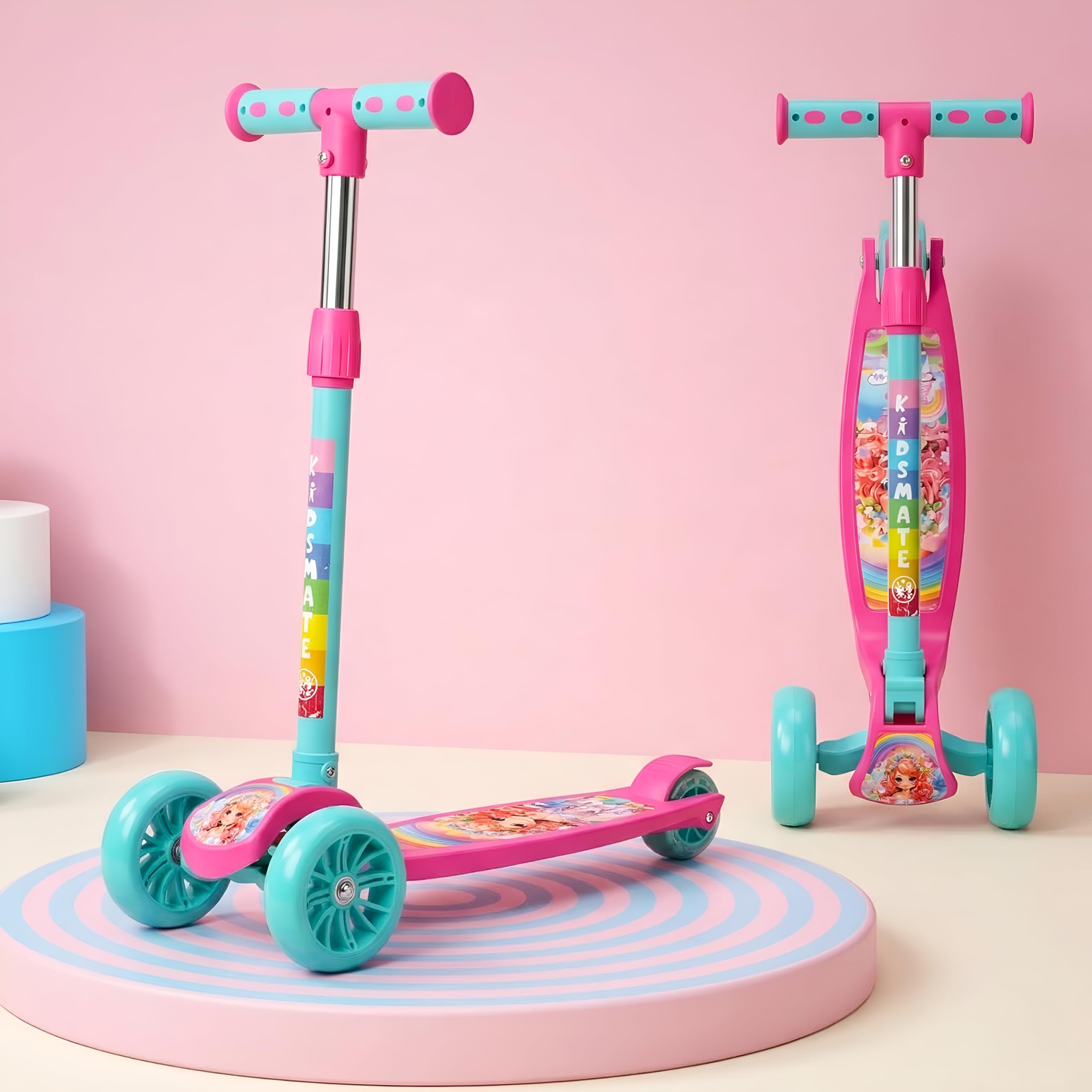 Kidsmate Cruiser Kick Scooter for Kids with Broad Wheels | 3-Wheel Skate Scooter for Boys & Girls of Ages 2-12 Years | Level Adjustable Height, and Easy Fold Design Scooter for Kids (Pink Sea Green)-image-13