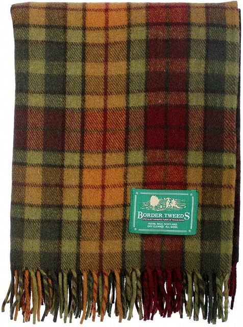 The Scotland Kilt Company Picnic Rug Scottish Tartan Throw in Buchanan Autumn - Warm 100% Wool Travel Blanket with Fringed Edges - 60 x 70
