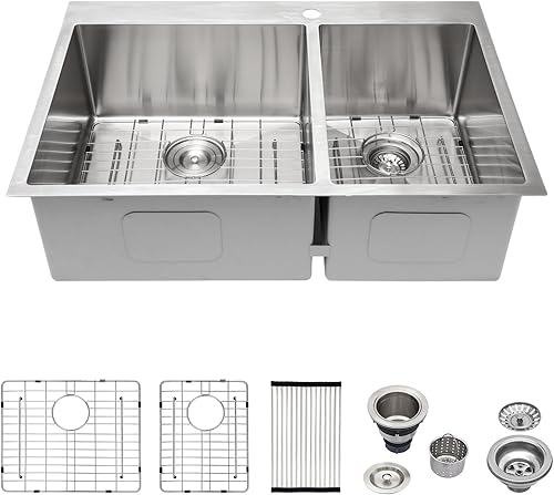 Miniatura 2 de Logmey - Fregadero de cocina doble con caída 33  Fregadero de cocina de acero inoxidable de 33 x 22 pulgadas, calibre 18, calibre 6040