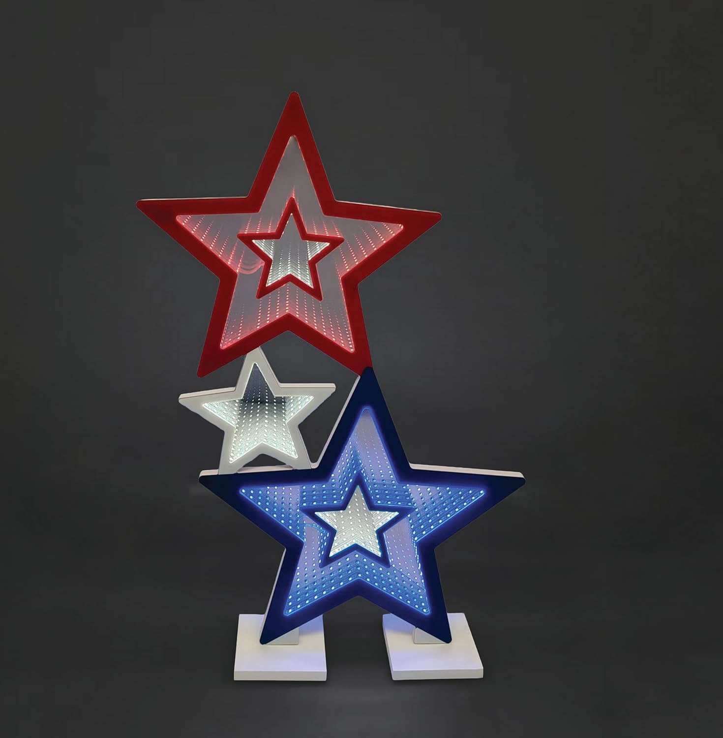 Roman 23.5" LED Patriotic 3 Stars Eternity Light, Infinity Mirror Red White & Blue Star Table Decor, Indoor Americana Accent
