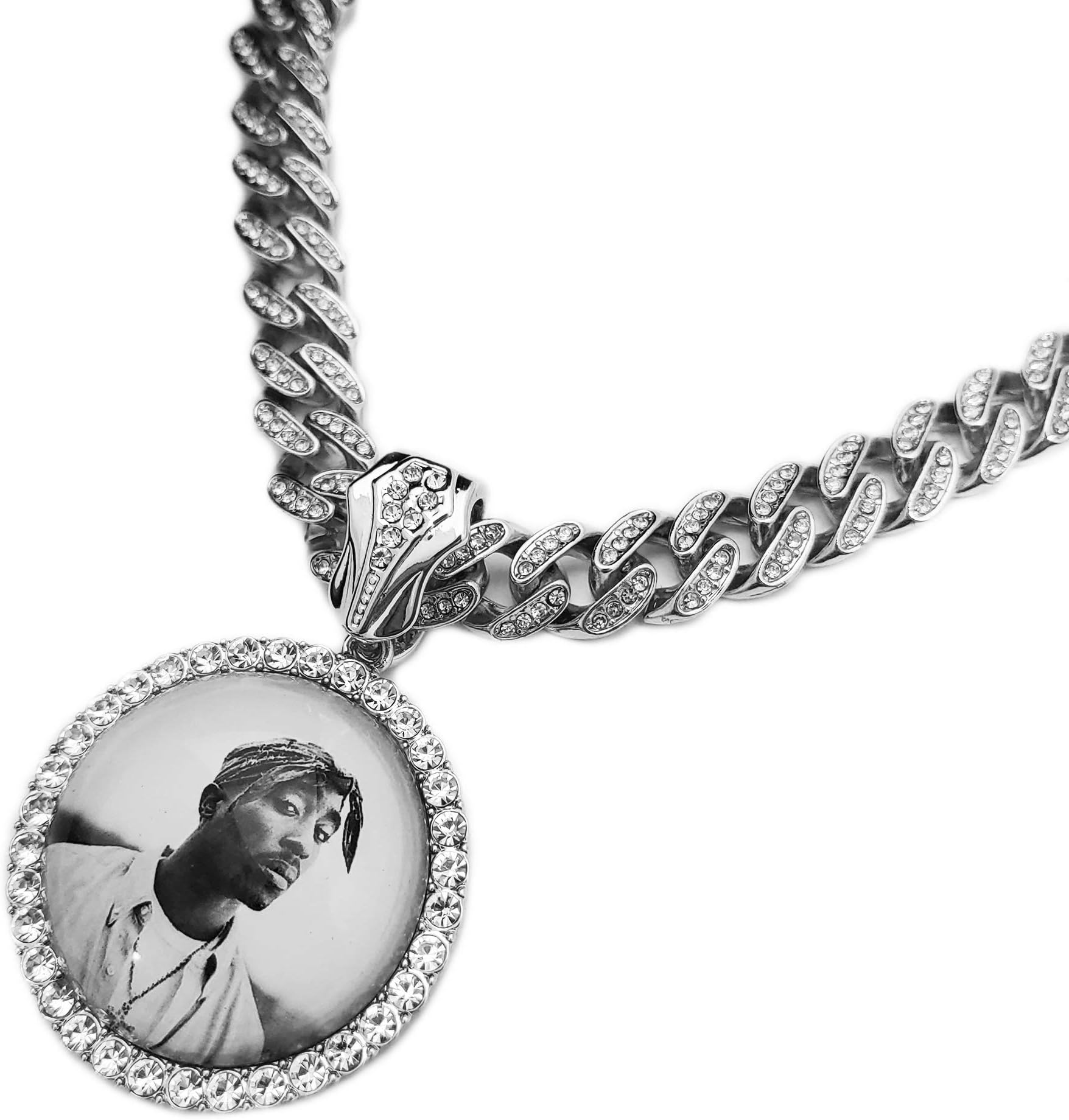 BLINGFACTORYHip Hop Silver PT 2Pac Picture Frame & 18" Iced Box Lock Cuban Choker Chain Bling Necklace