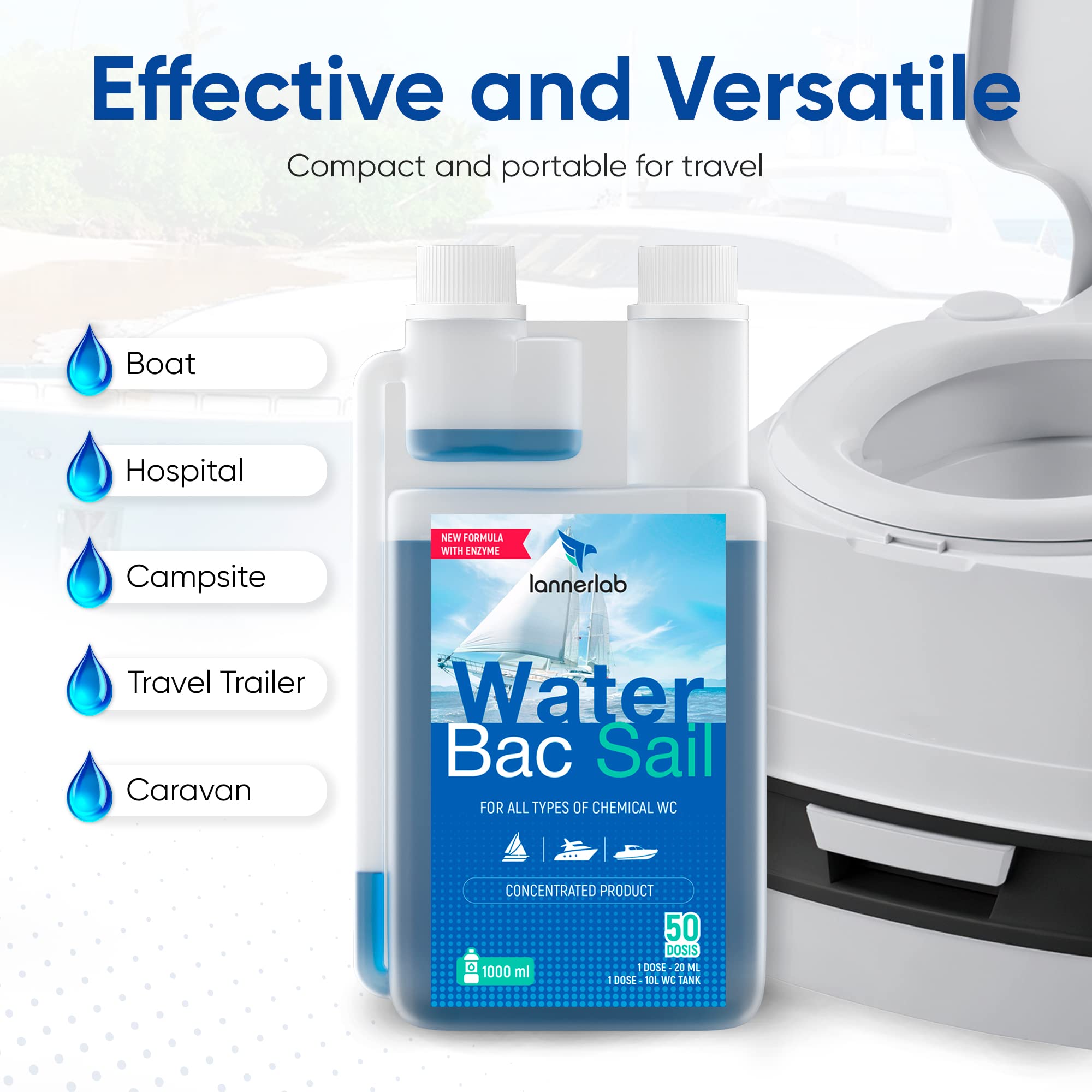 LannerLab WaterBac Sail - Liquido Enzimatico Concentrato Per WC Chimico Barche, 50 Dosi, 1000ml - Foto 6