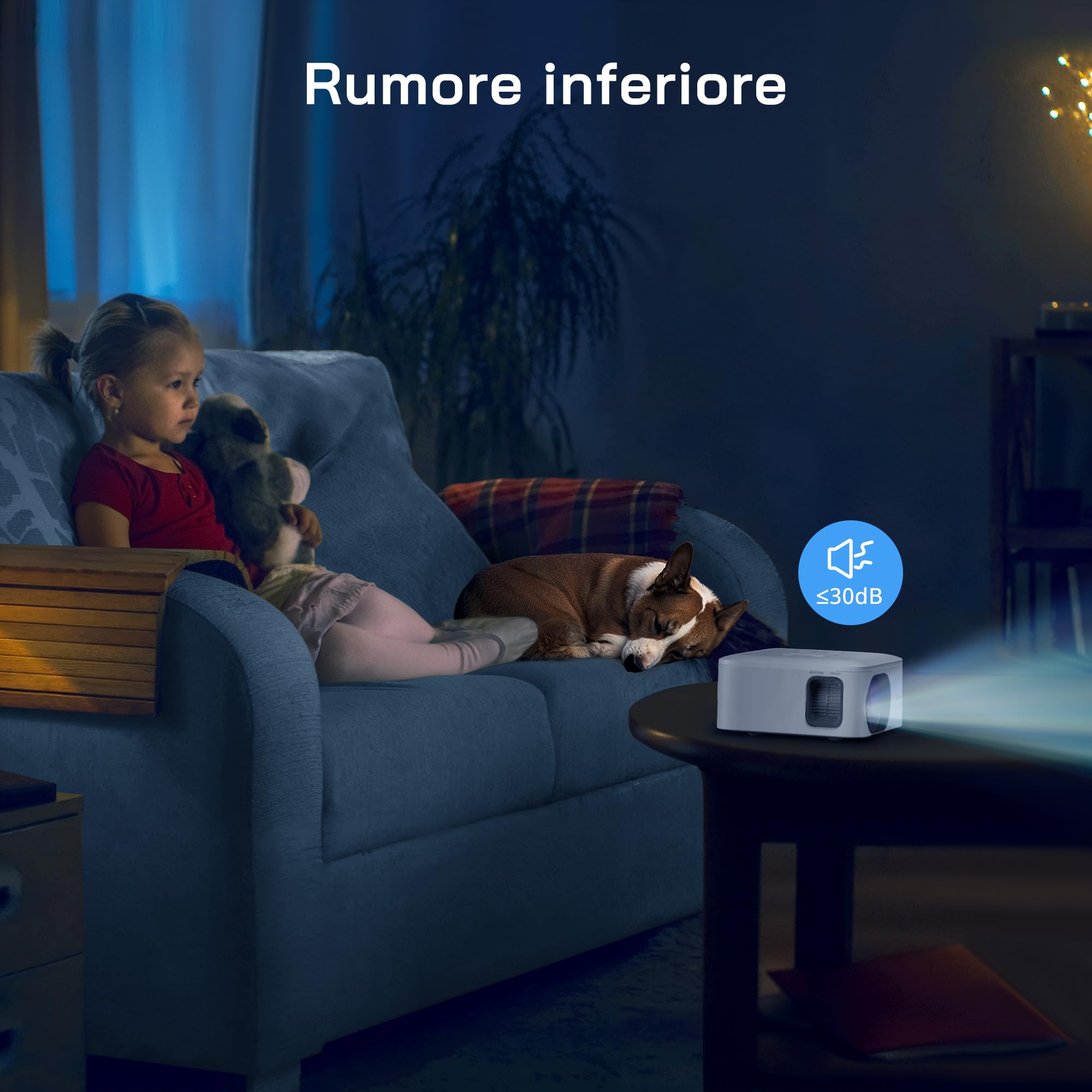 WOLFANG Mini Proiettore con Treppiede, Proiettore Portatile 1080P Full HD Supporto, Videoproiettore per Home, ±15° Keystone, 25% Zoom, Compatibile con iOS/Android/Tablet/HDMI/TV Stick/USB/TF