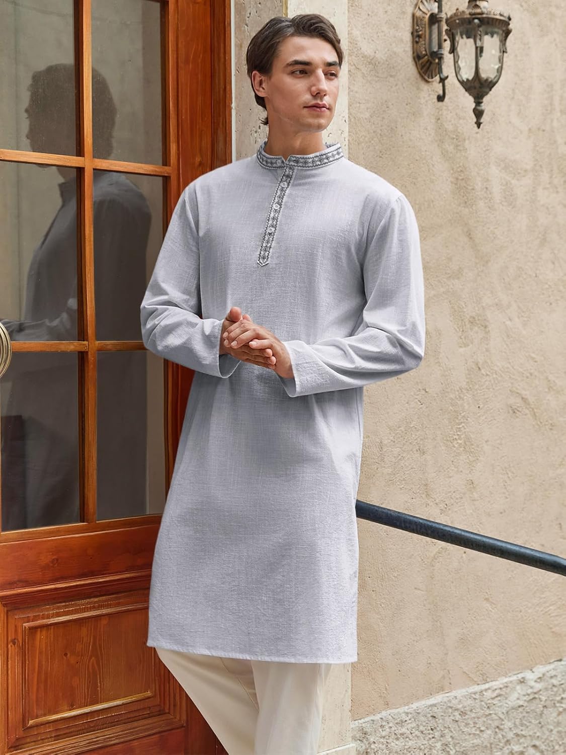 Runcati Mens Cotton Kaftan Robe Long Sleeve Button Down Henley Shirts Thobe Casual Side Split Gown Shirt - Image 3